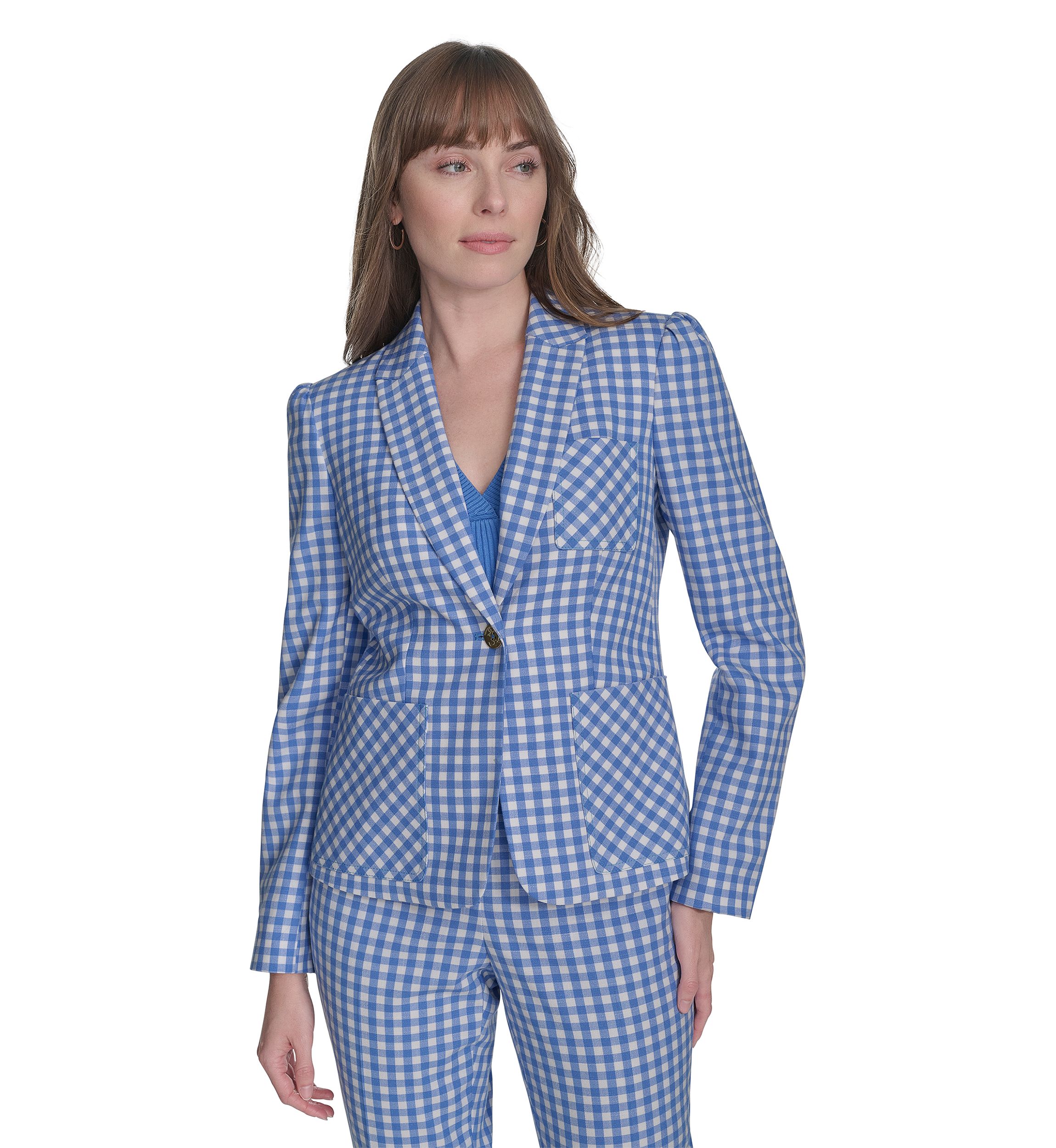 Womens One Button Gingham Blazer
