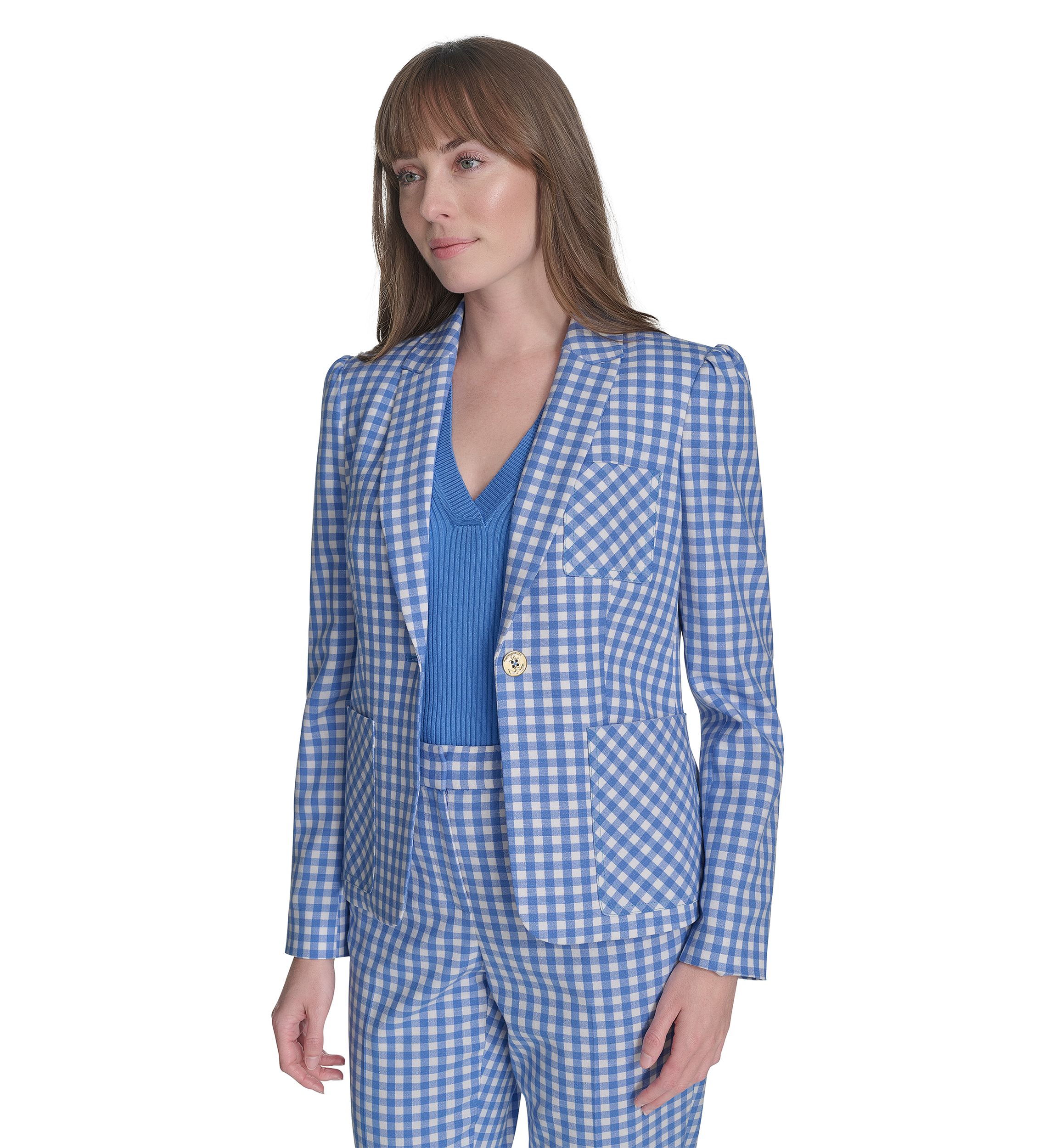 Womens One Button Gingham Blazer
