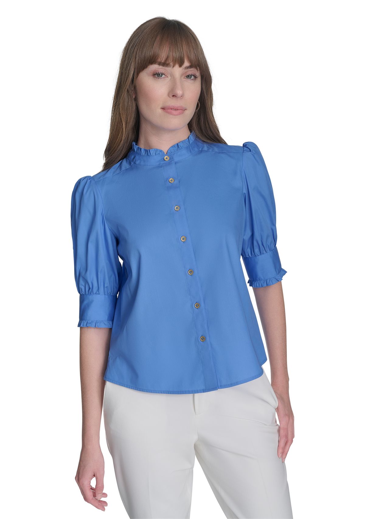 Womens Ruffle Button Front Blouse