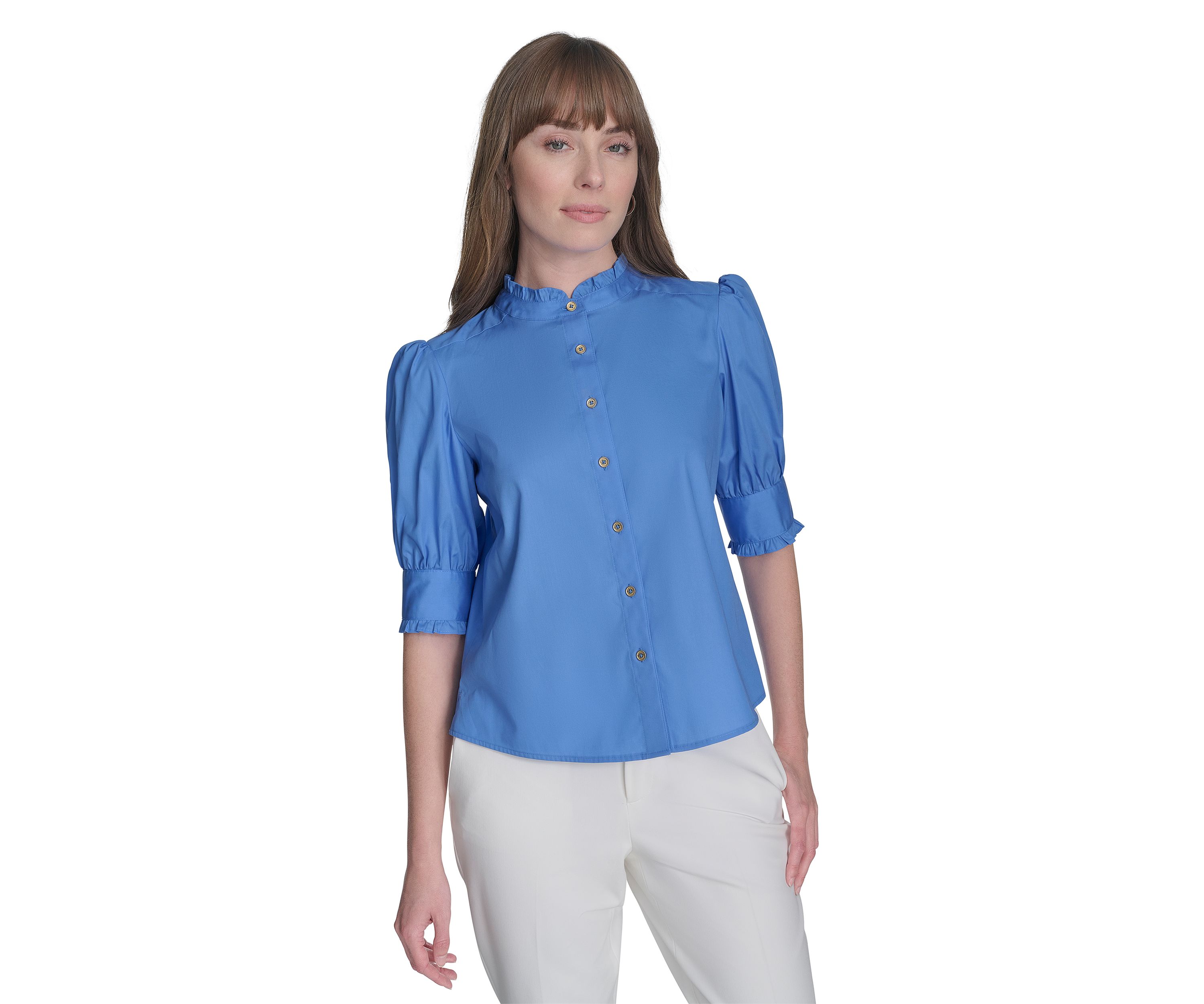Womens Ruffle Button Front Blouse