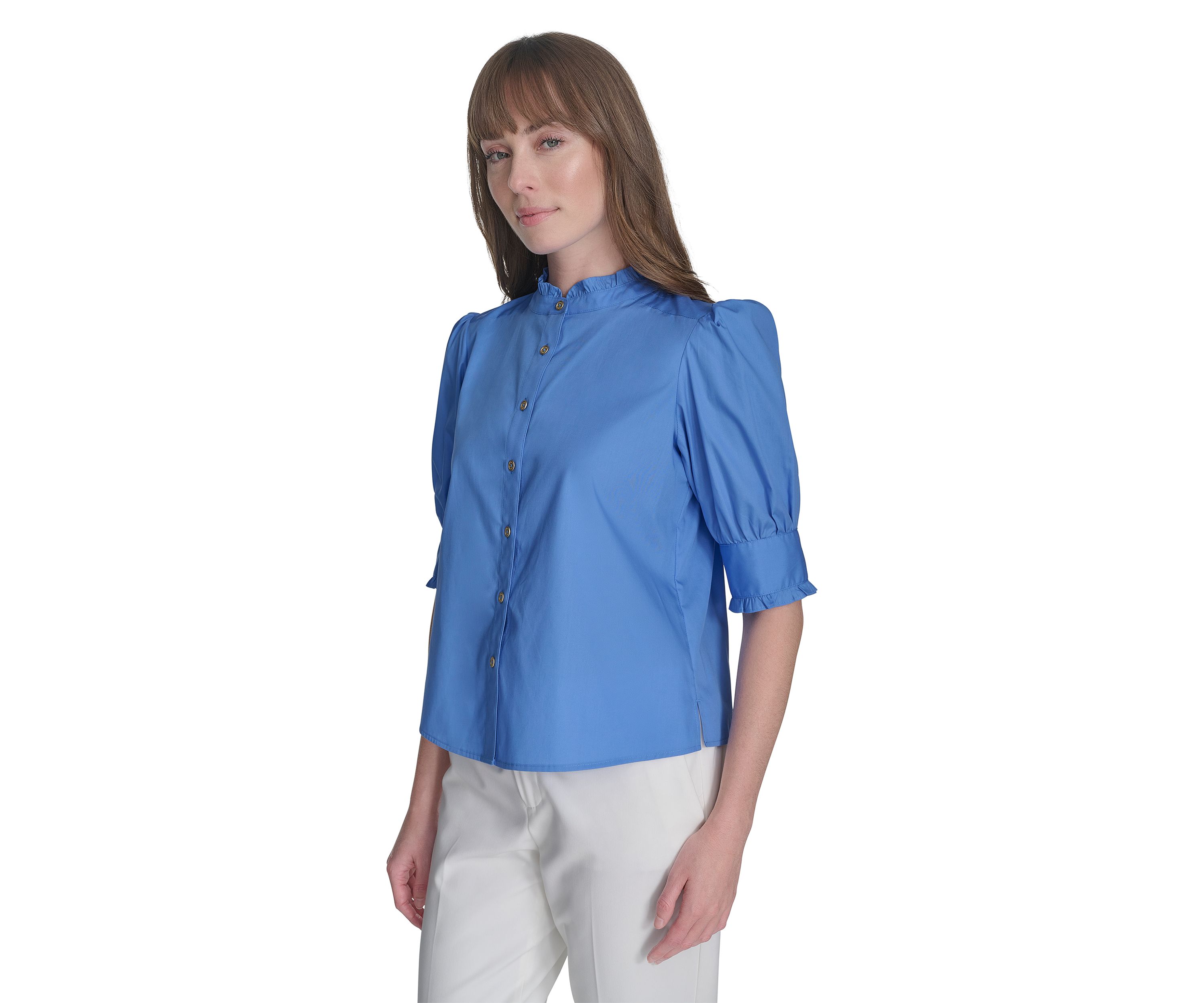 Womens Ruffle Button Front Blouse