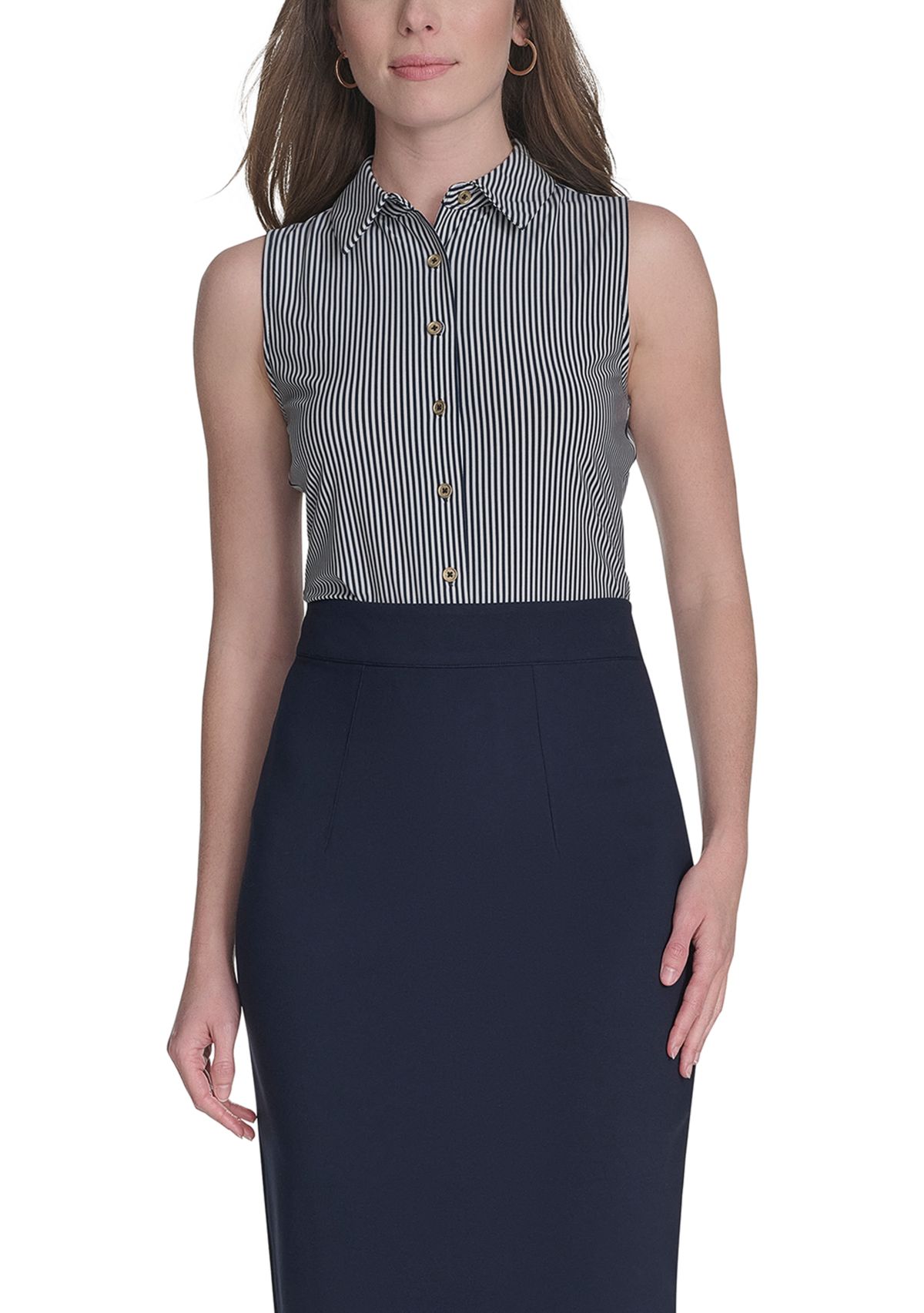 Womens Sleeveless Stripe Knit Button Front Top