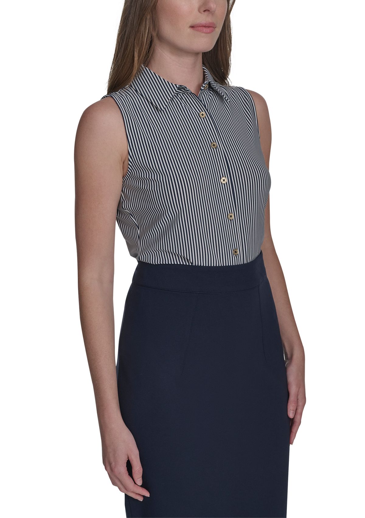 Womens Sleeveless Stripe Knit Button Front Top