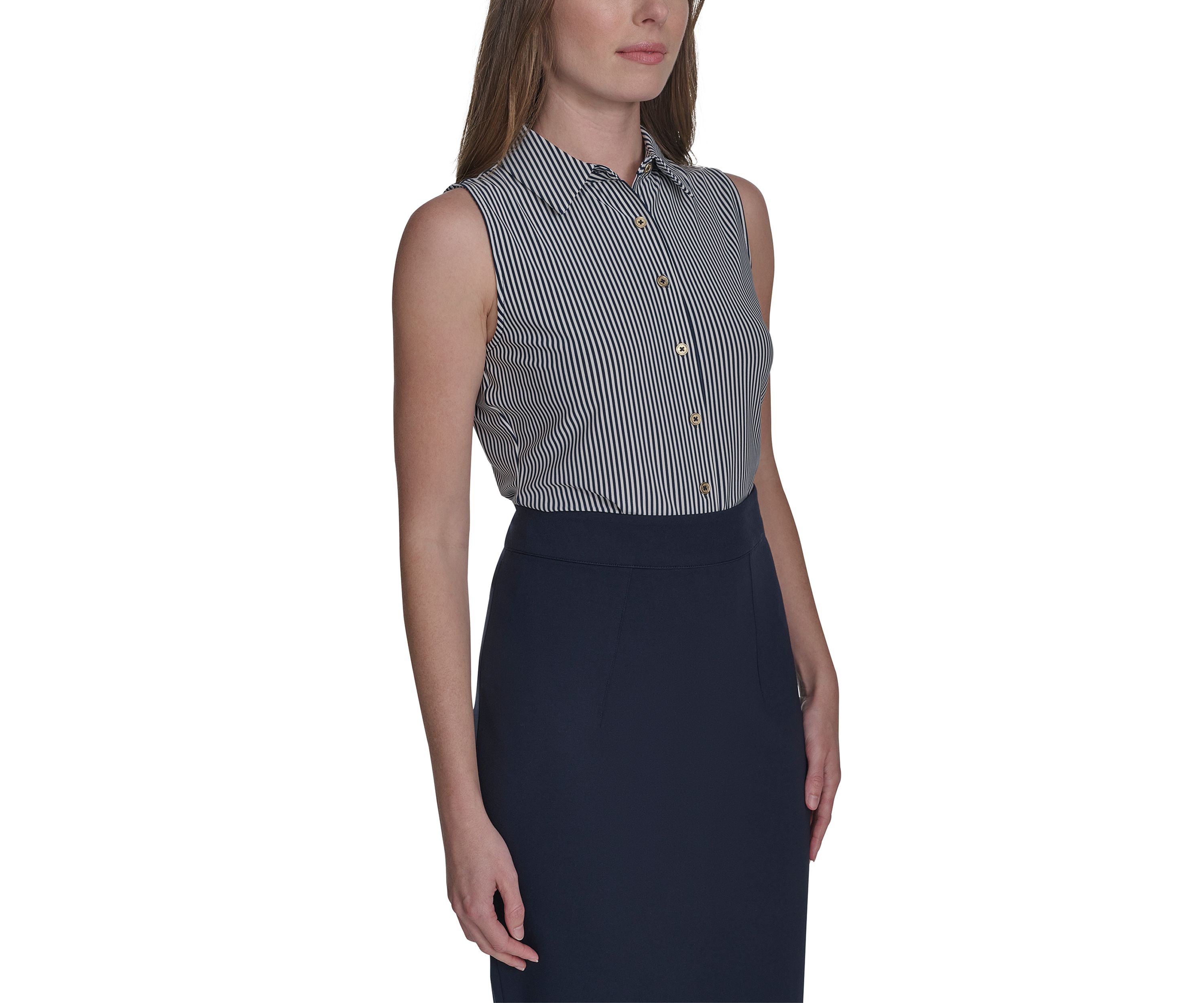 Womens Sleeveless Stripe Knit Button Front Top