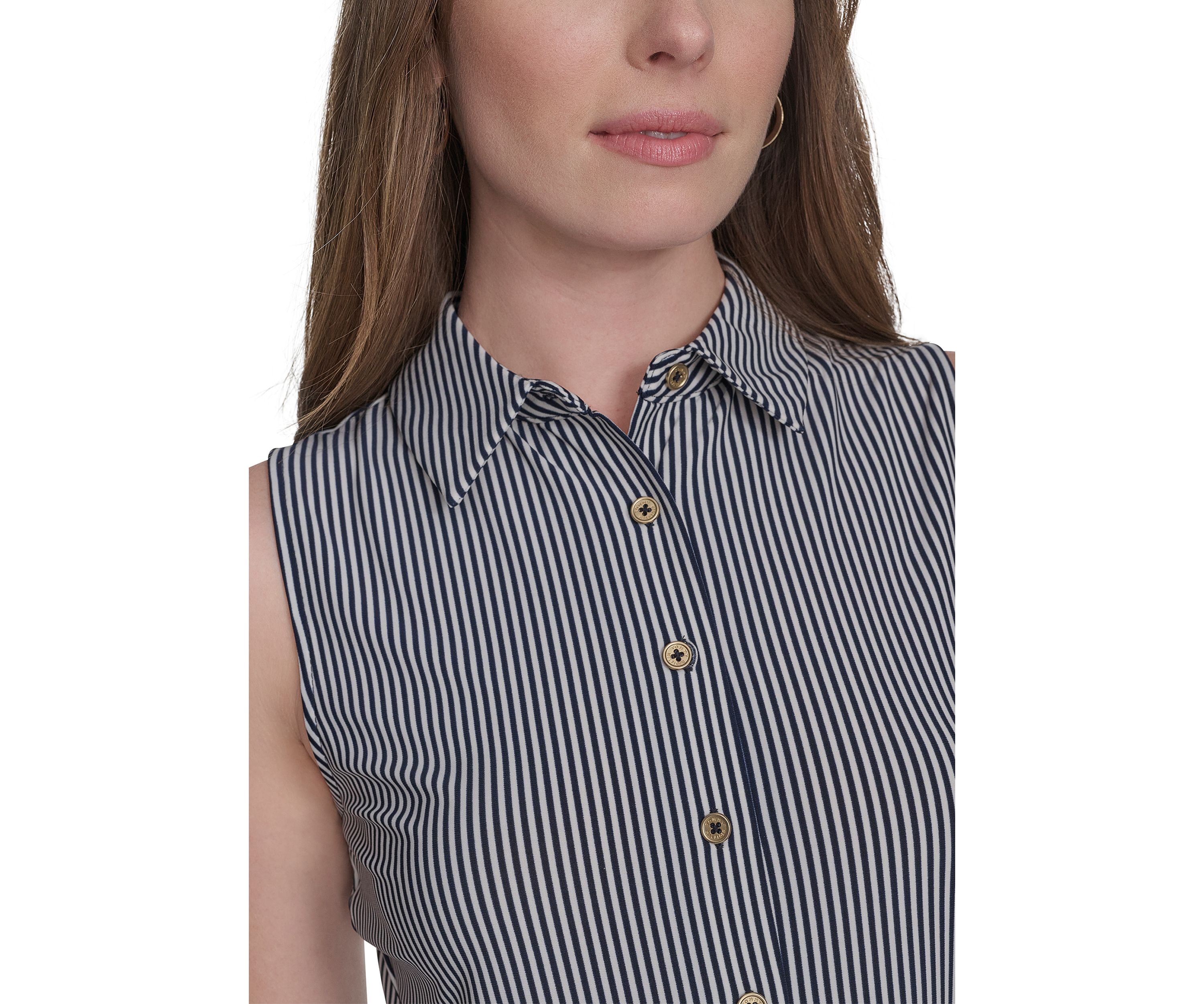 Womens Sleeveless Stripe Knit Button Front Top