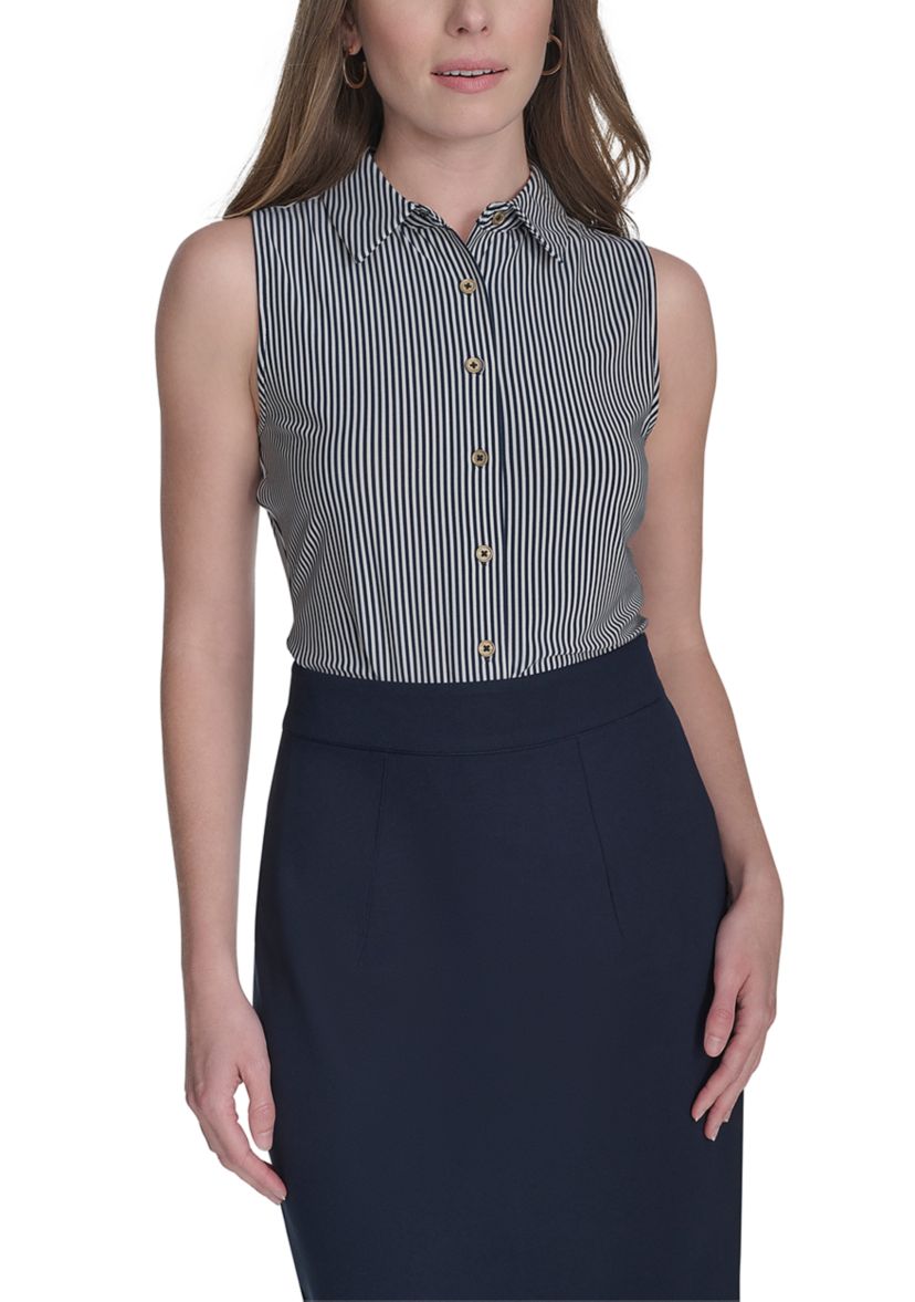 Womens Sleeveless Stripe Knit Button Front Top