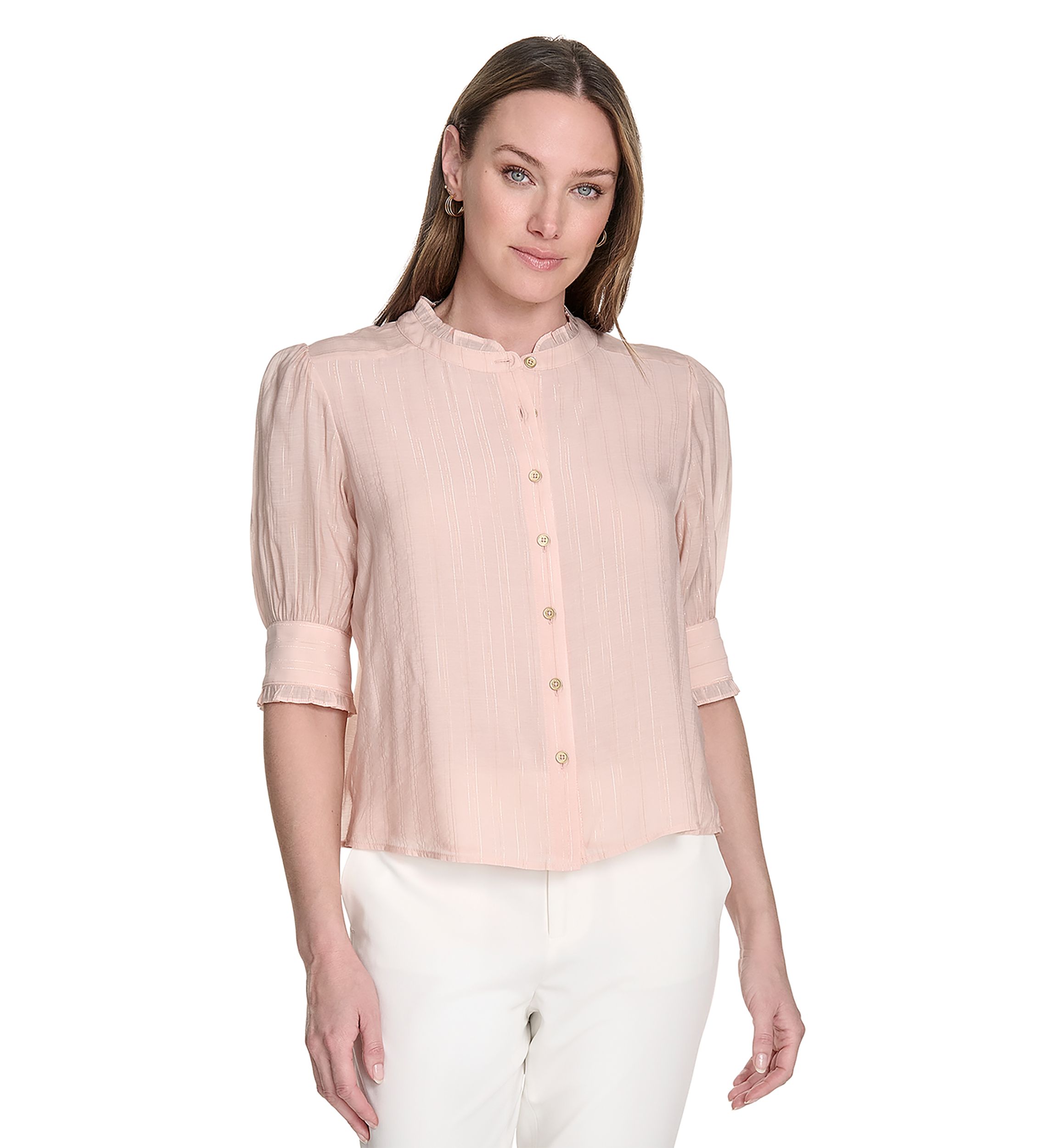 Tommy Hilfiger Women's Lurex Stripe Ruffle Button Front Top | Belk
