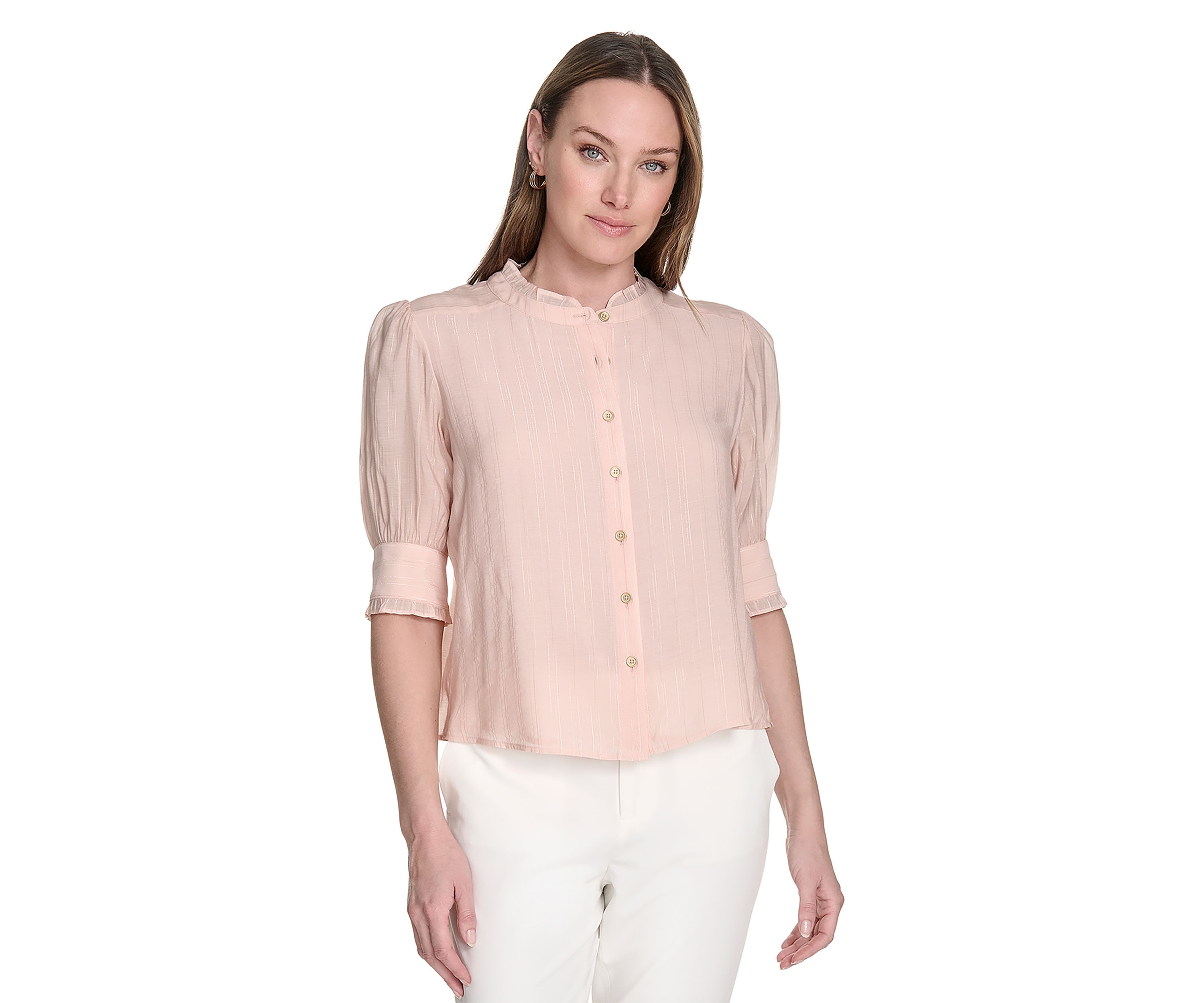 Womens Lurex Stripe Ruffle Button Front Top