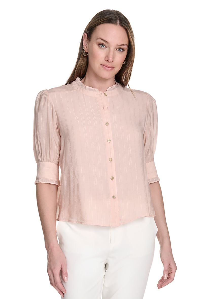 Womens Lurex Stripe Ruffle Button Front Top