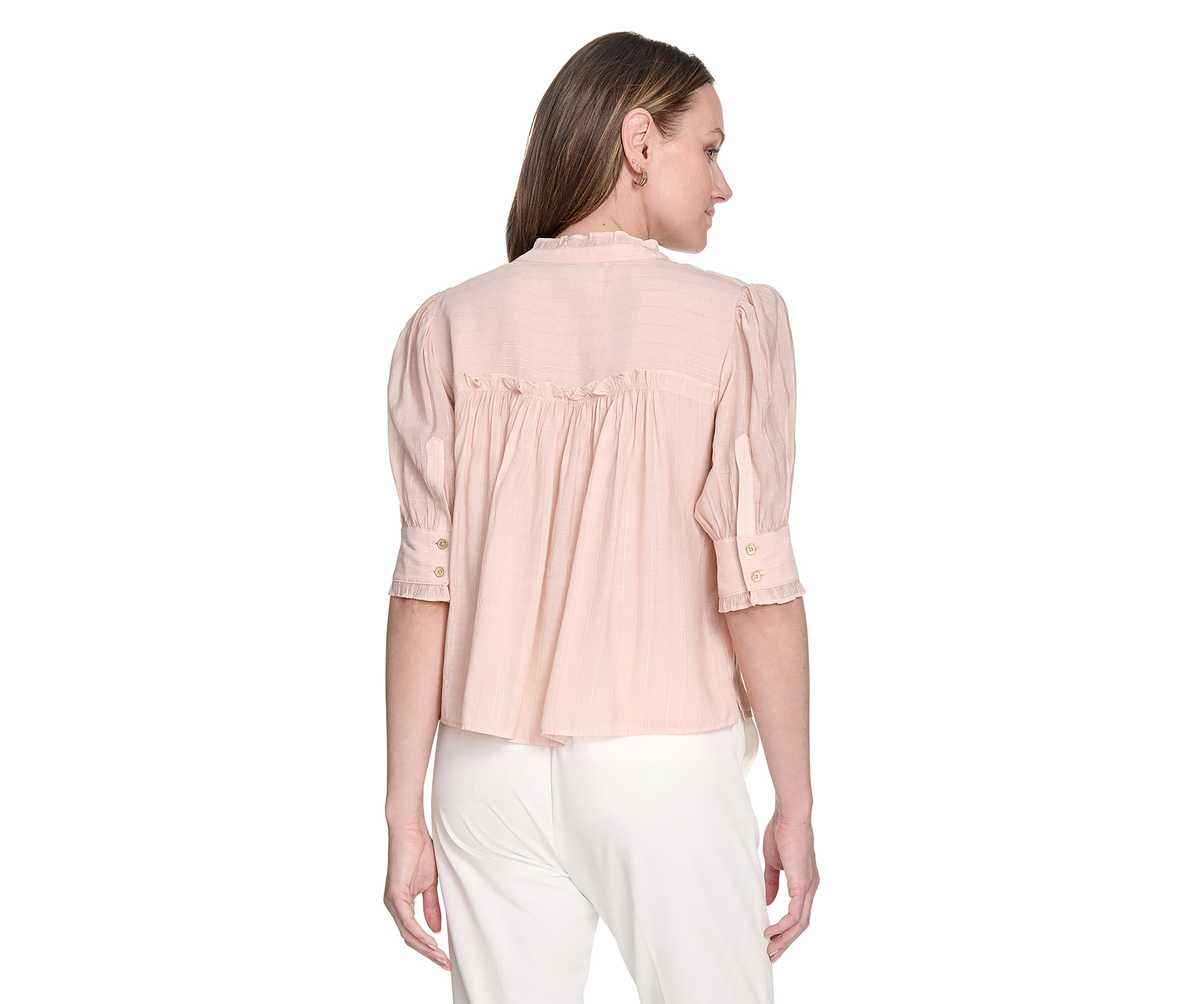 Womens Lurex Stripe Ruffle Button Front Top