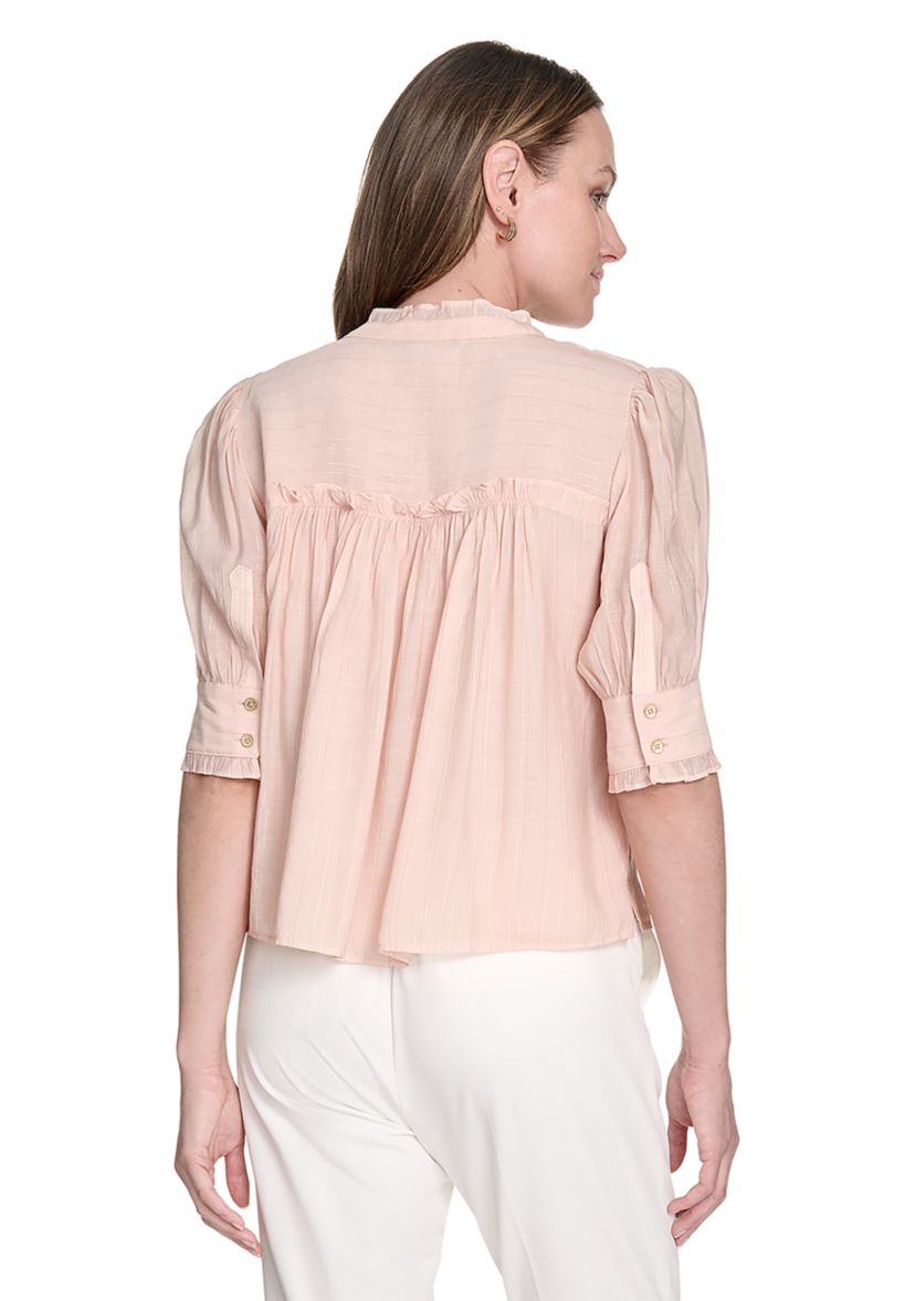 Womens Lurex Stripe Ruffle Button Front Top