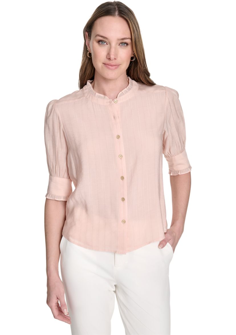 Womens Lurex Stripe Ruffle Button Front Top