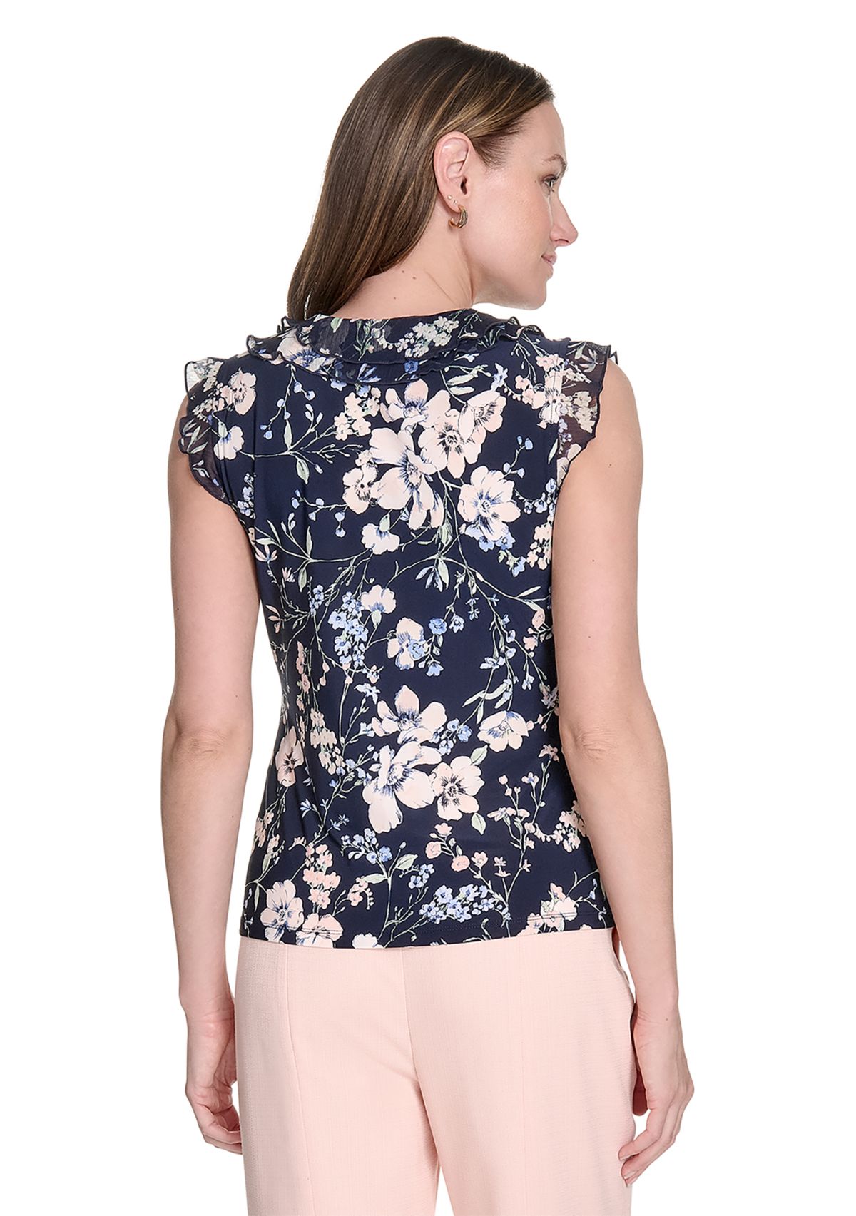 Womens Floral Mixed Media Ruffle Top