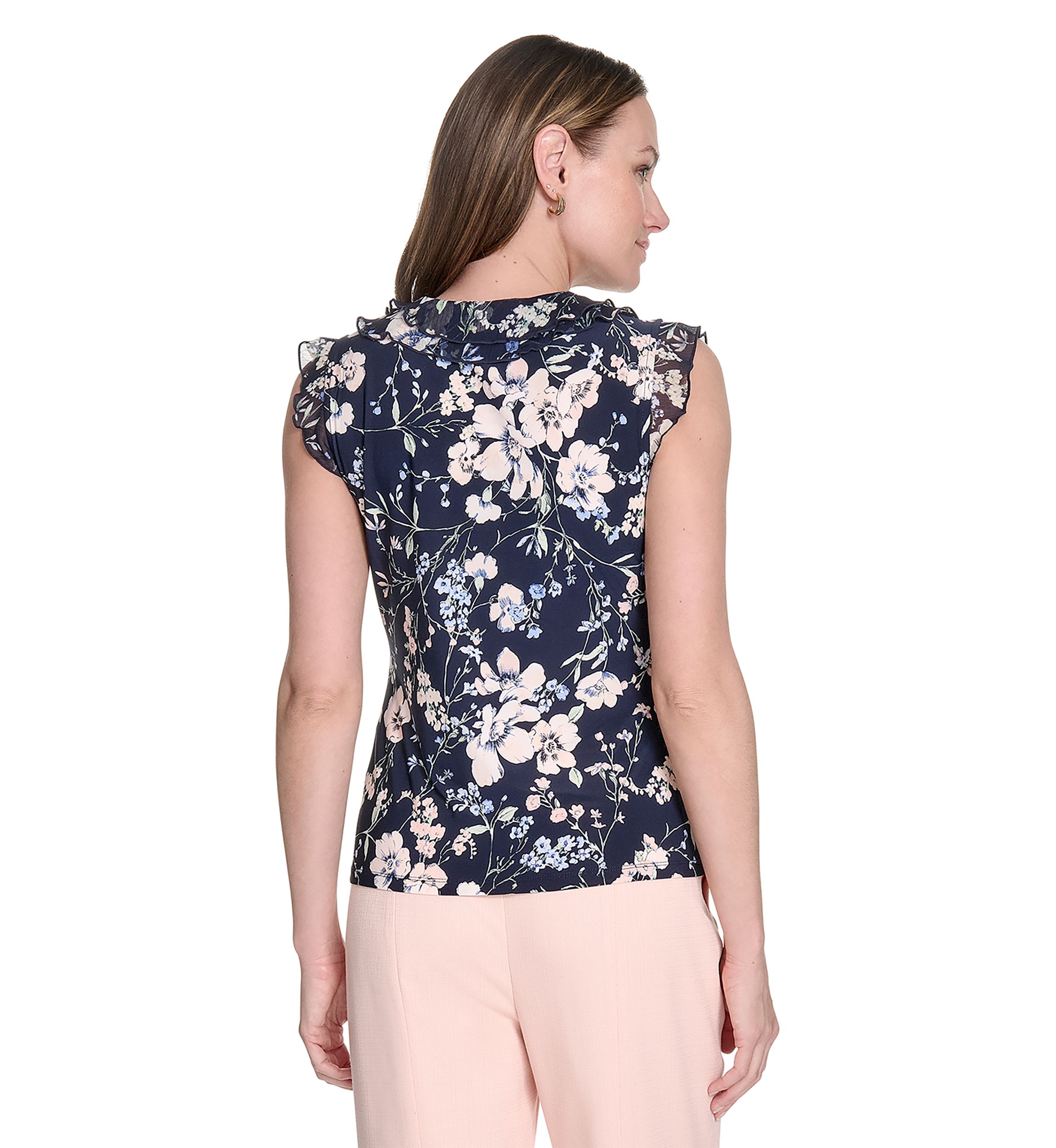 Womens Floral Mixed Media Ruffle Top