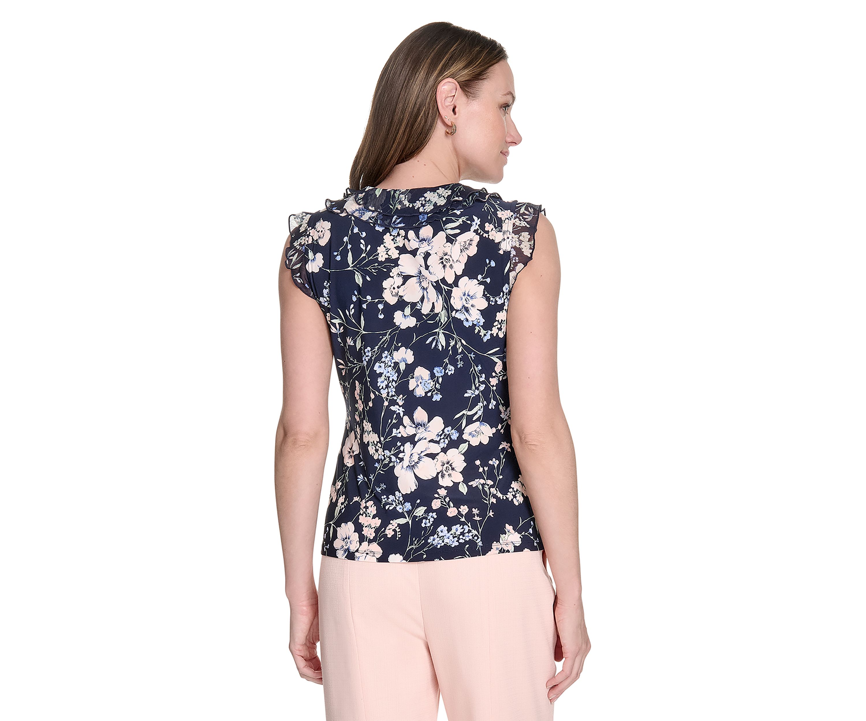 Womens Floral Mixed Media Ruffle Top