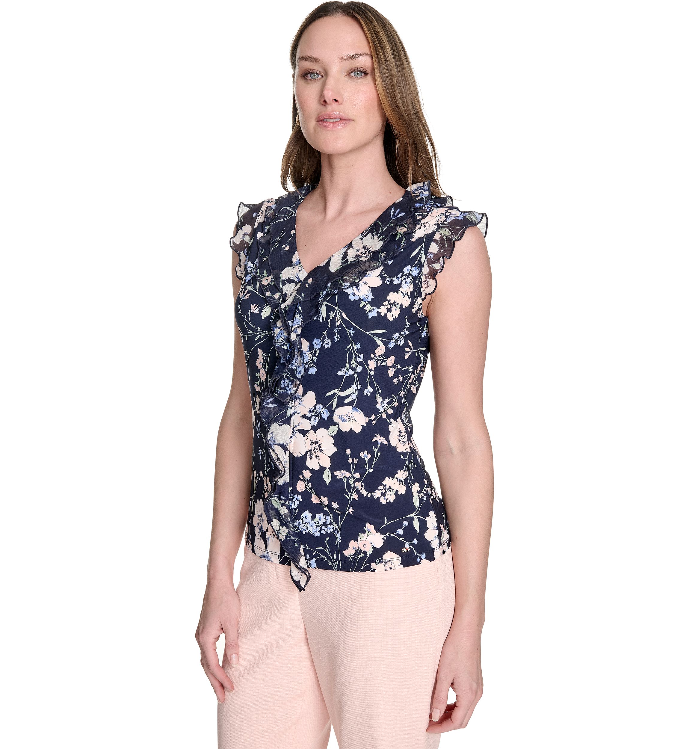 Womens Floral Mixed Media Ruffle Top