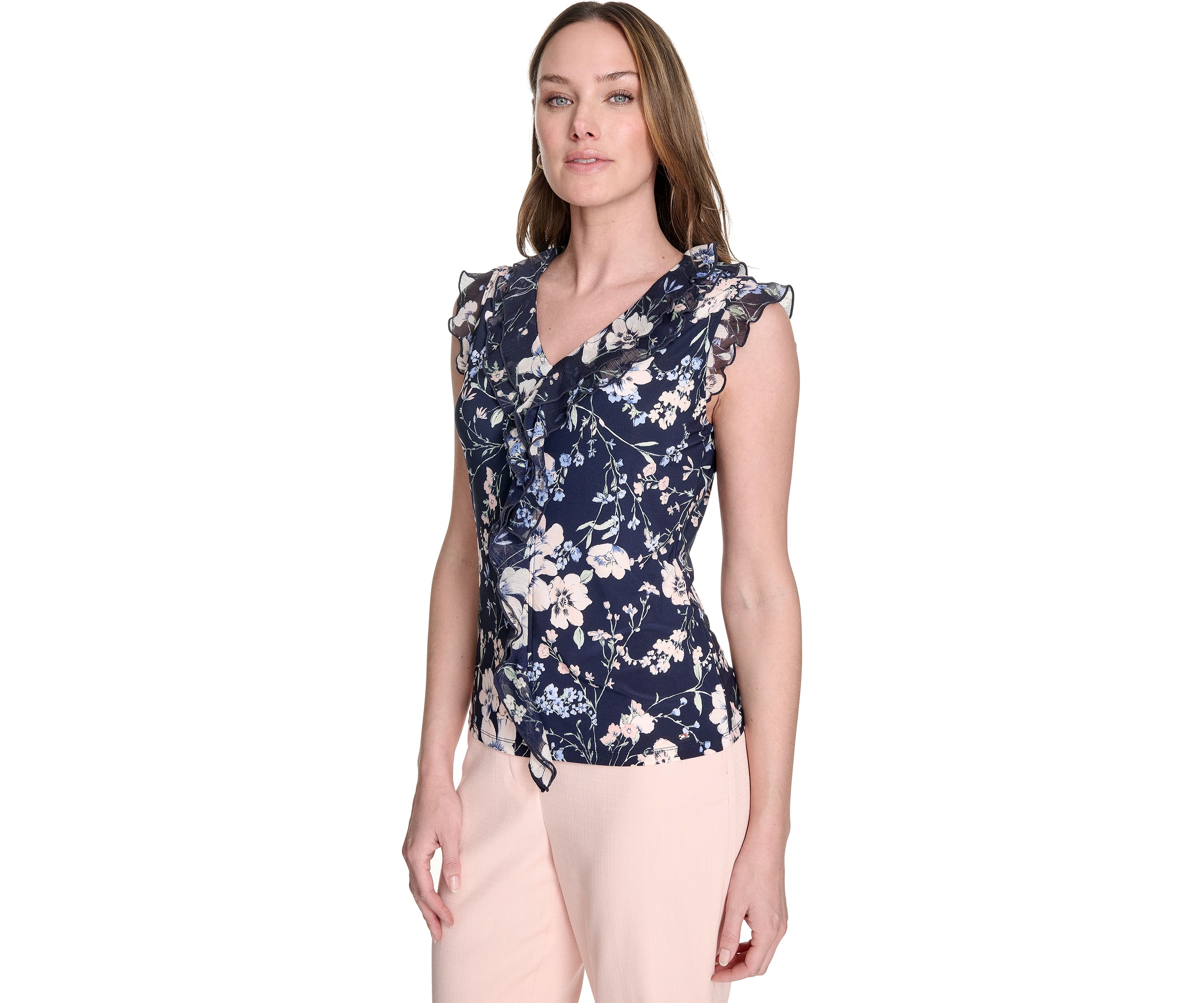 Womens Floral Mixed Media Ruffle Top