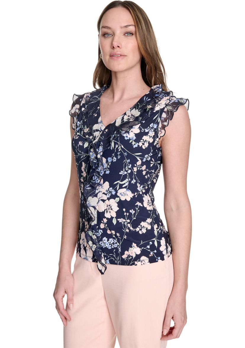 Womens Floral Mixed Media Ruffle Top