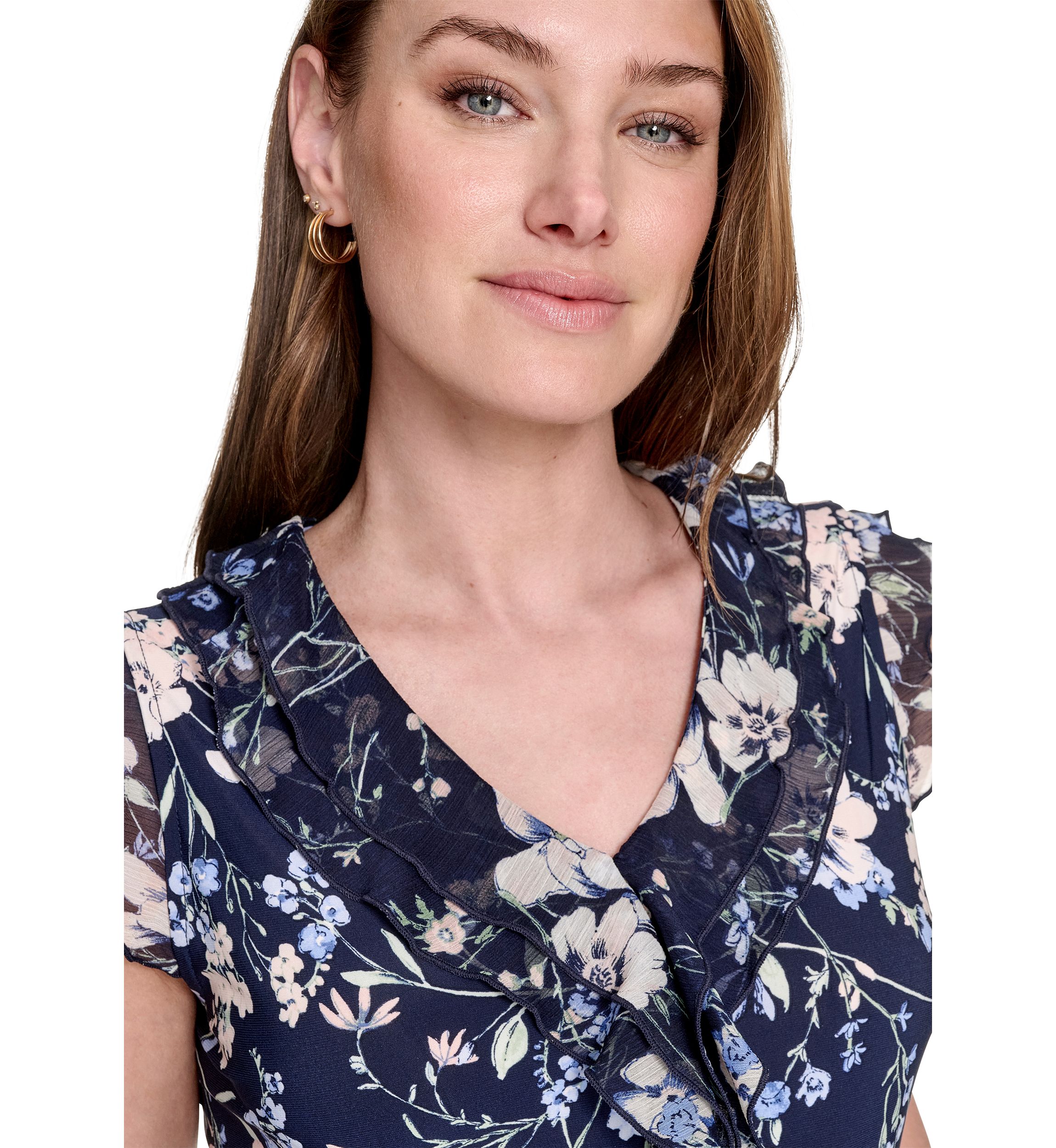 Womens Floral Mixed Media Ruffle Top