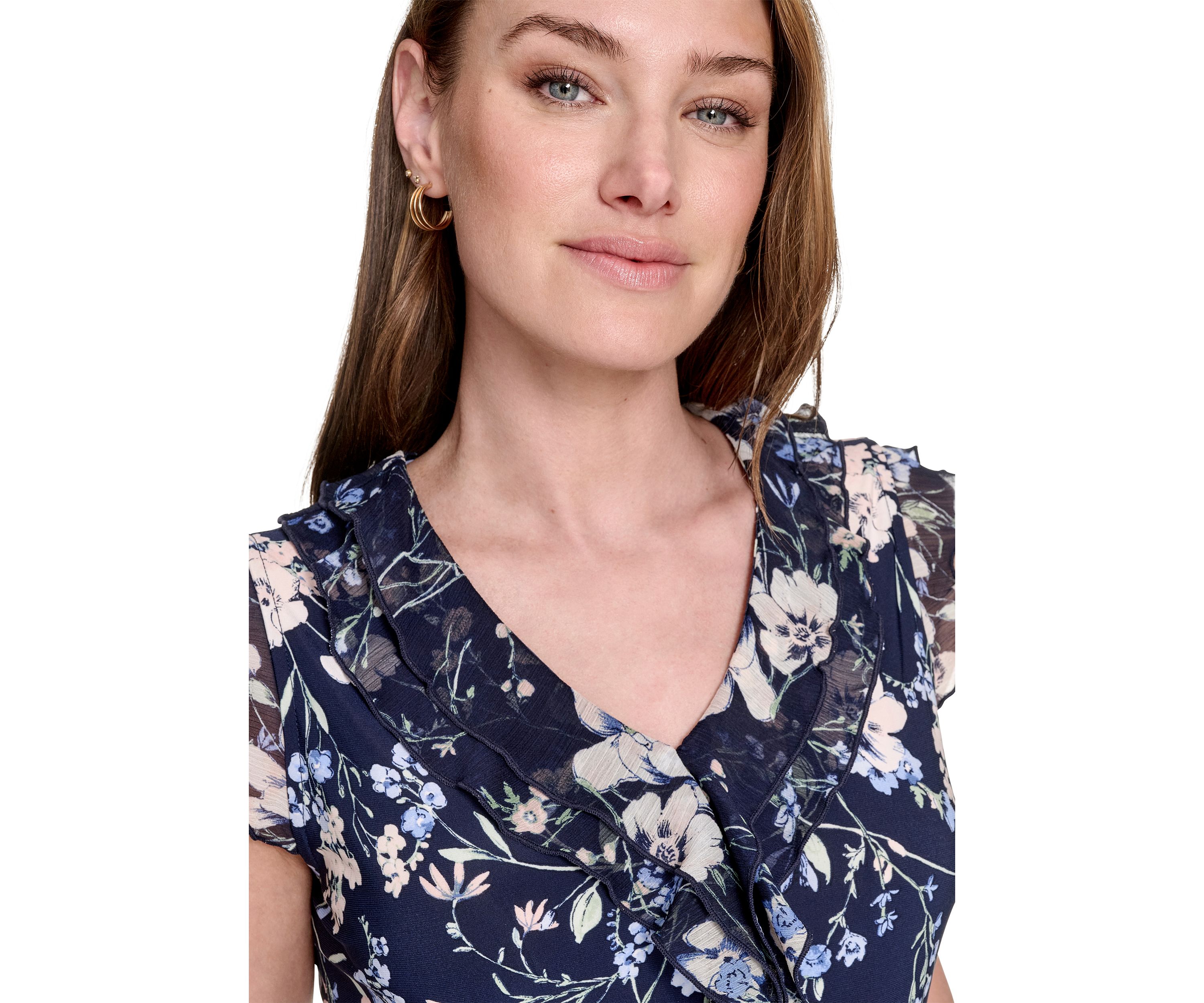 Womens Floral Mixed Media Ruffle Top