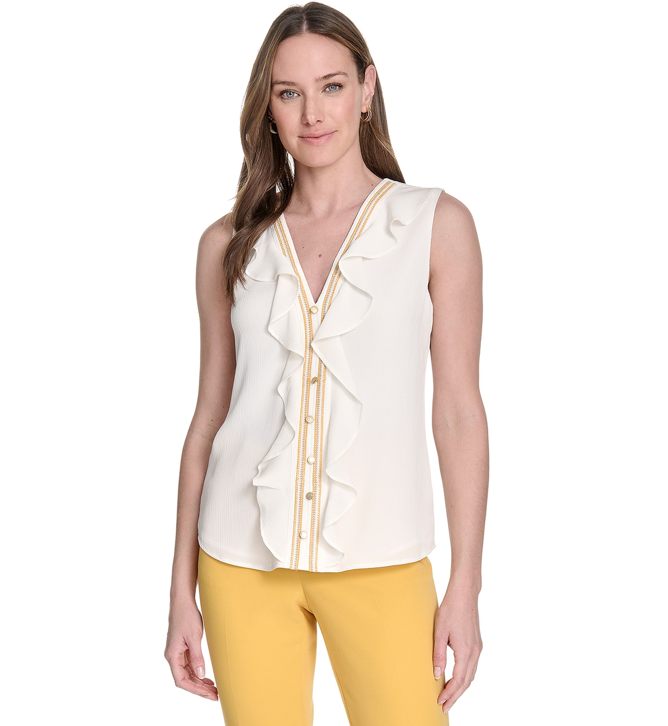 Womens Sleeveless Ruffle Front Blouse 