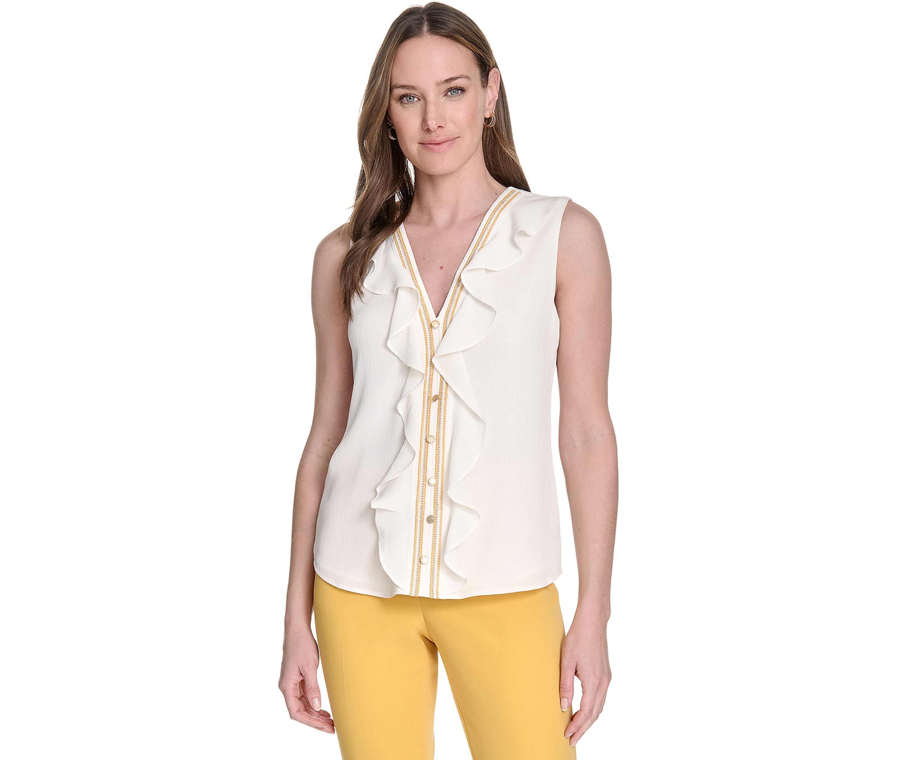 Womens Sleeveless Ruffle Front Blouse 
