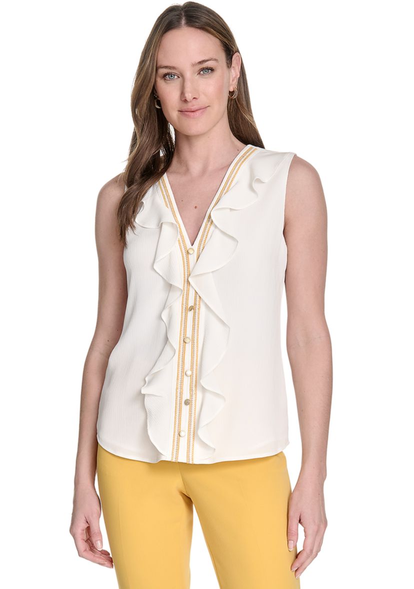 Womens Sleeveless Ruffle Front Blouse 