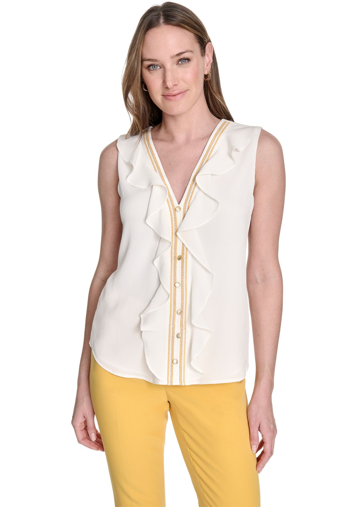 Womens Sleeveless Ruffle Front Blouse 