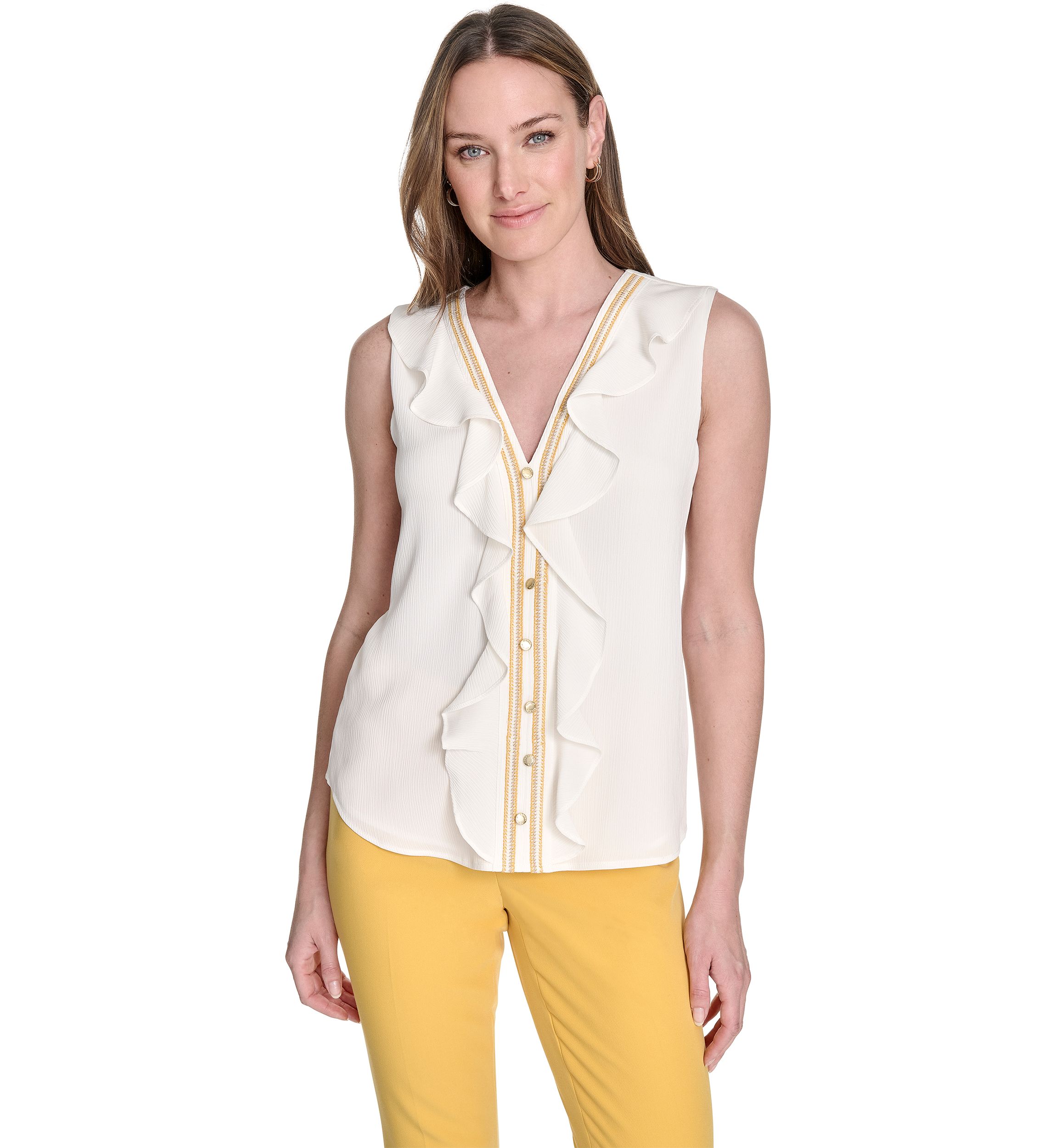 Womens Sleeveless Ruffle Front Blouse 