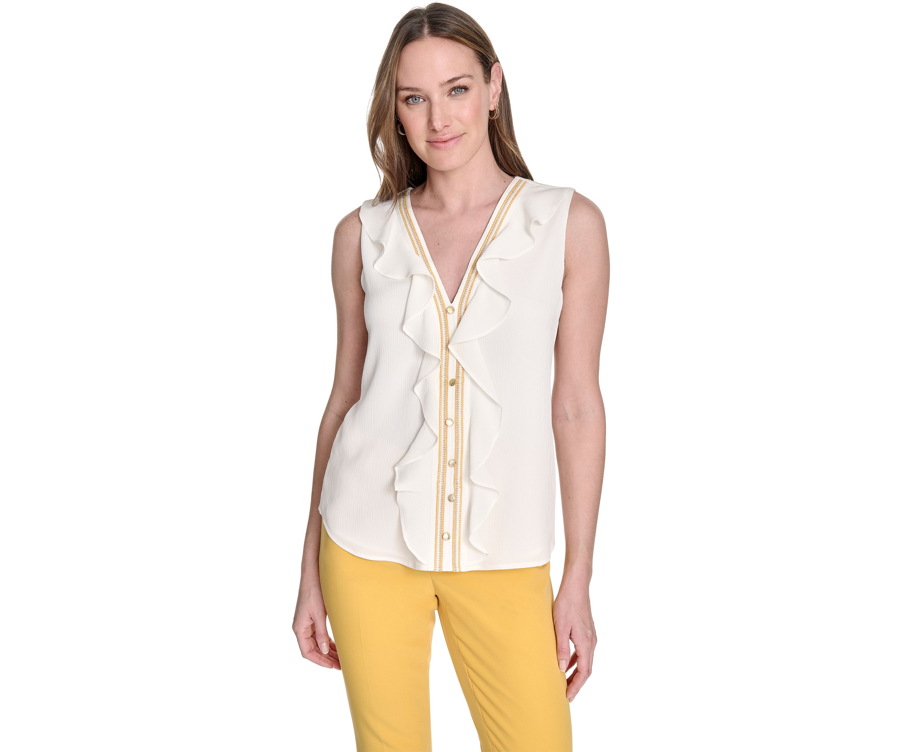 Womens Sleeveless Ruffle Front Blouse 