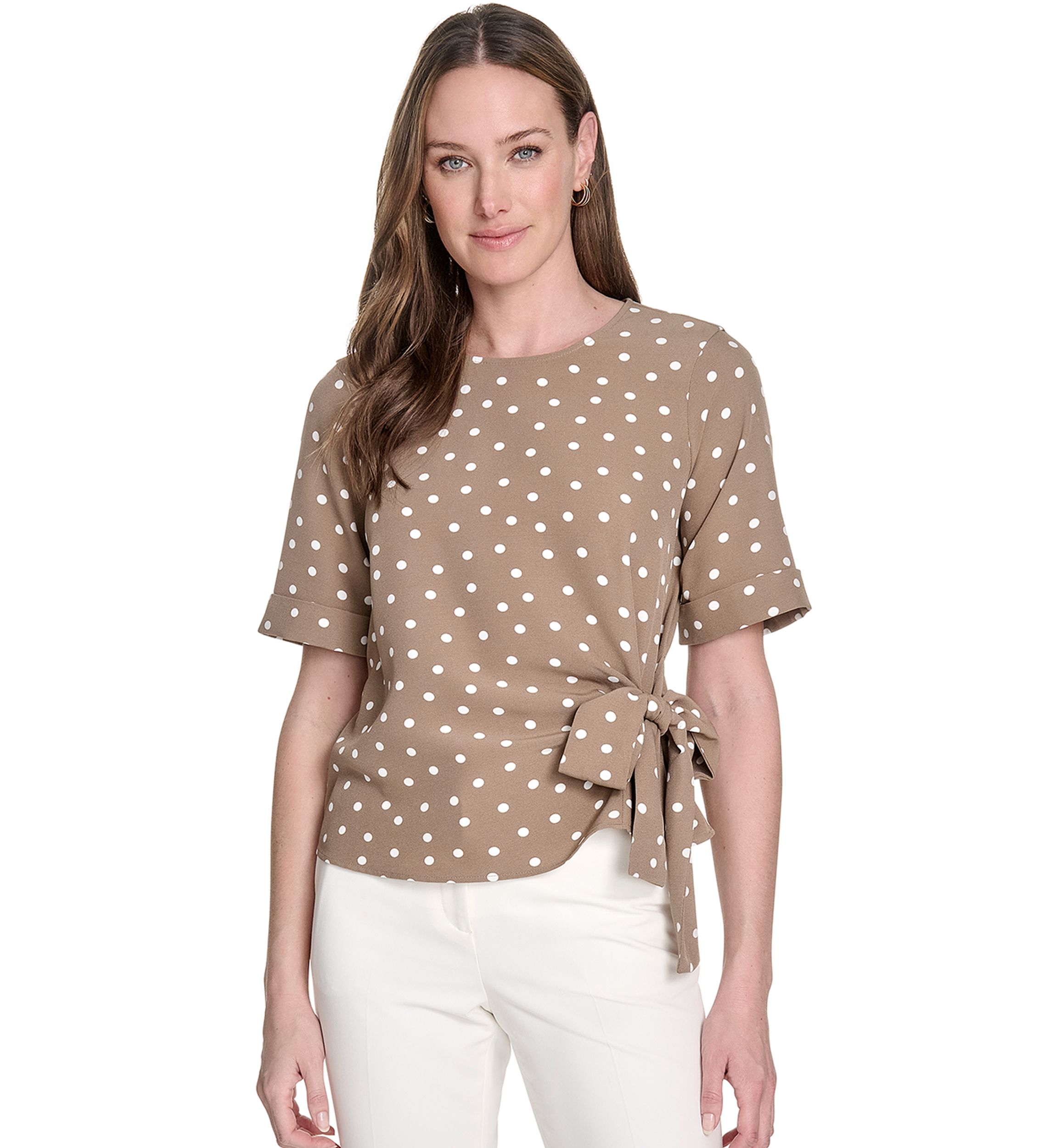 Womens Dot Short Sleeve Tie Front Blouse 