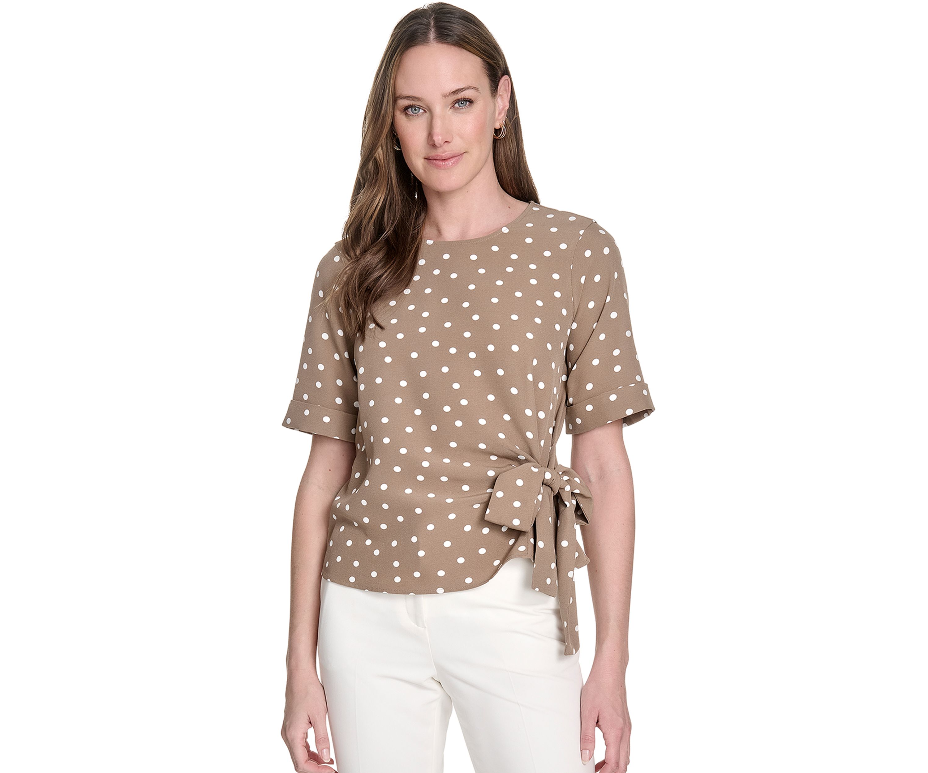 Womens Dot Short Sleeve Tie Front Blouse 