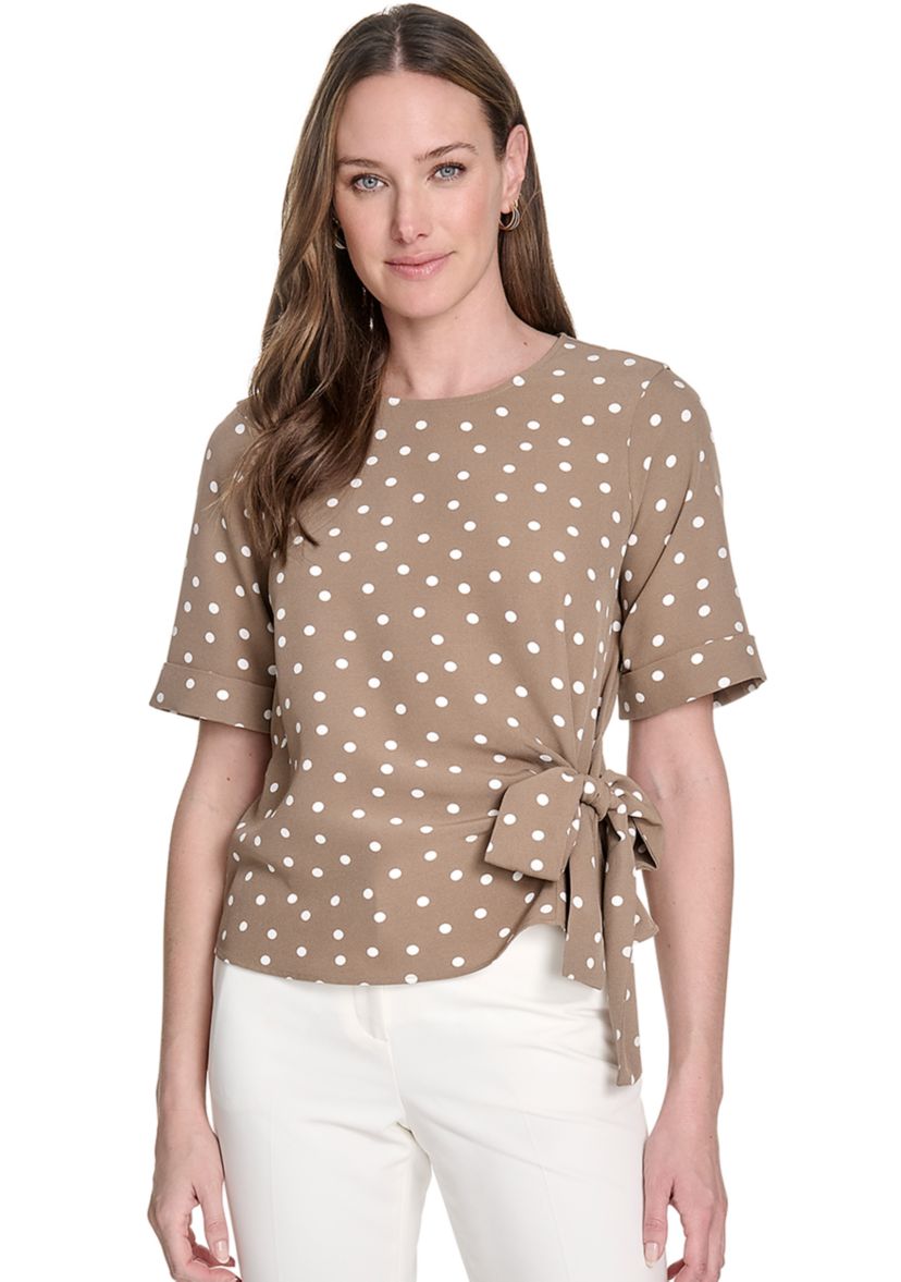 Womens Dot Short Sleeve Tie Front Blouse 