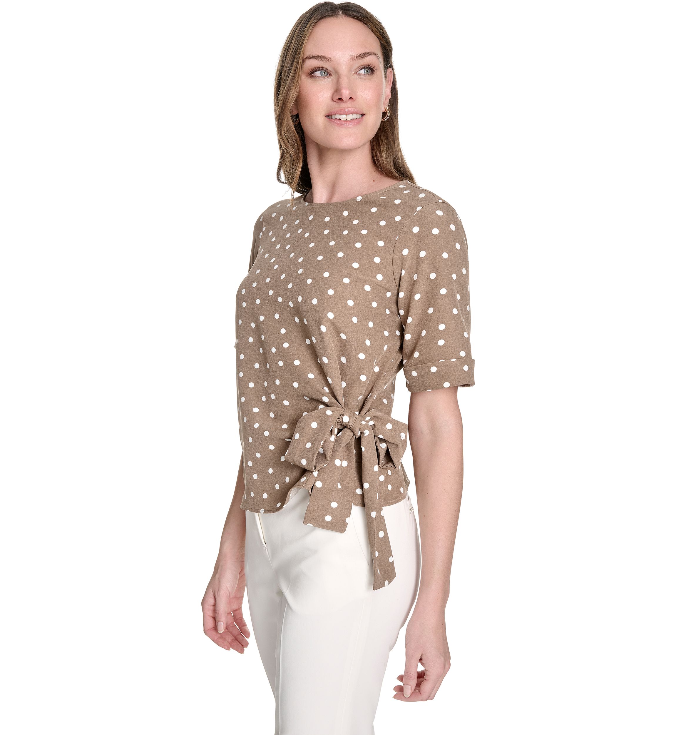 Womens Dot Short Sleeve Tie Front Blouse 