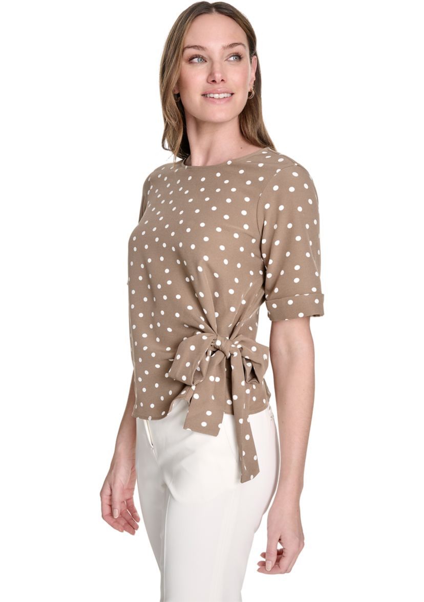 Womens Dot Short Sleeve Tie Front Blouse 