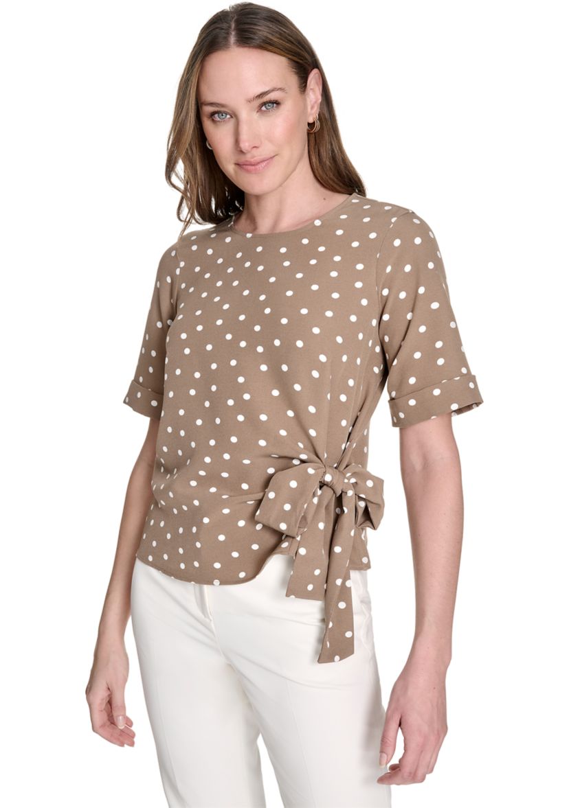 Womens Dot Short Sleeve Tie Front Blouse 