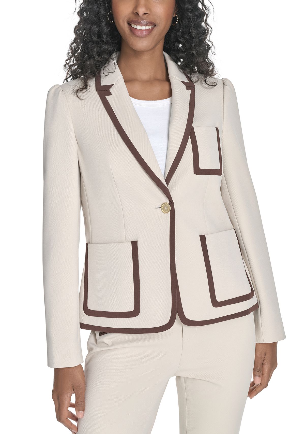 Womens Contrast Trim One Button Blazer
