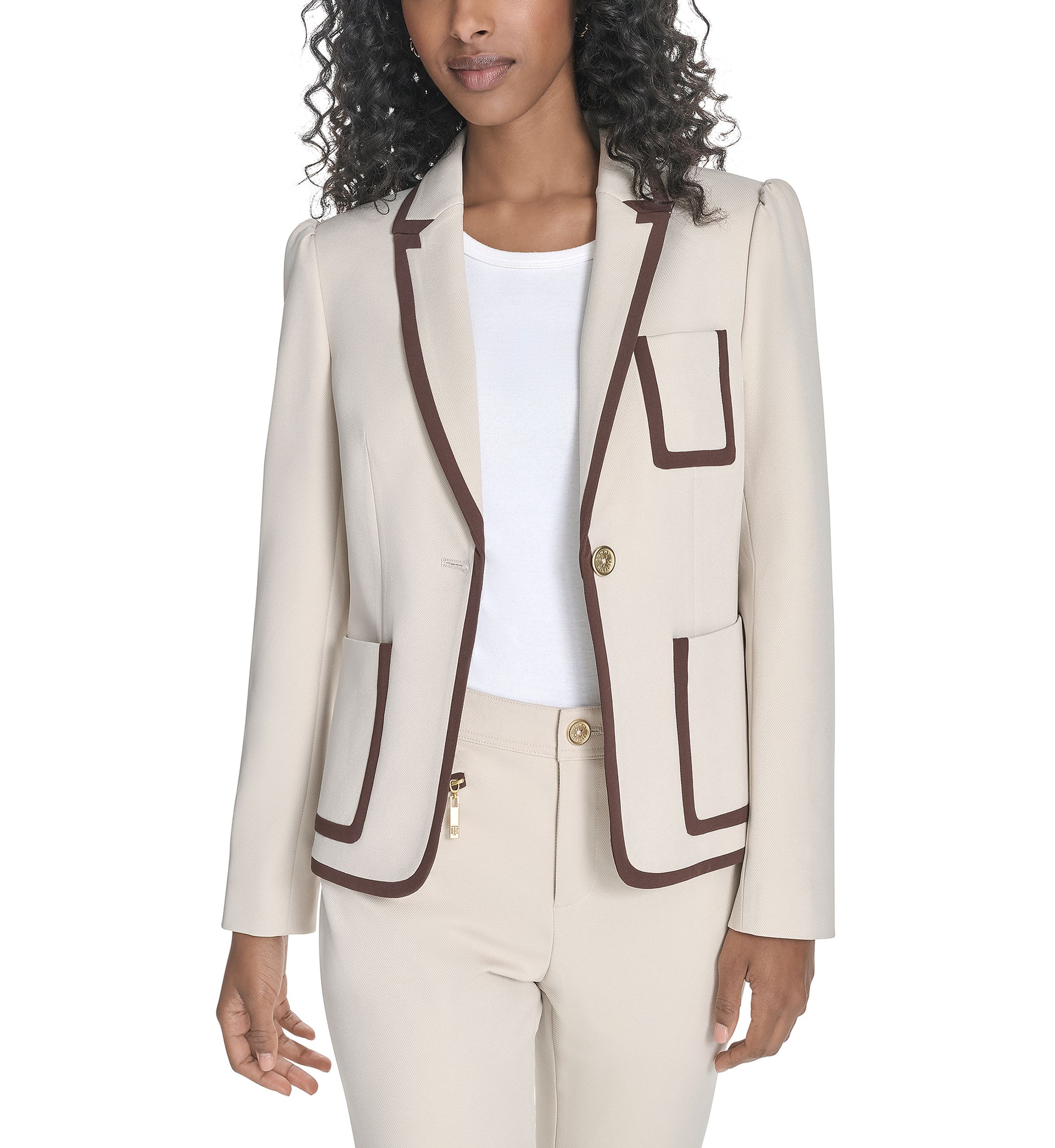 Womens Contrast Trim One Button Blazer