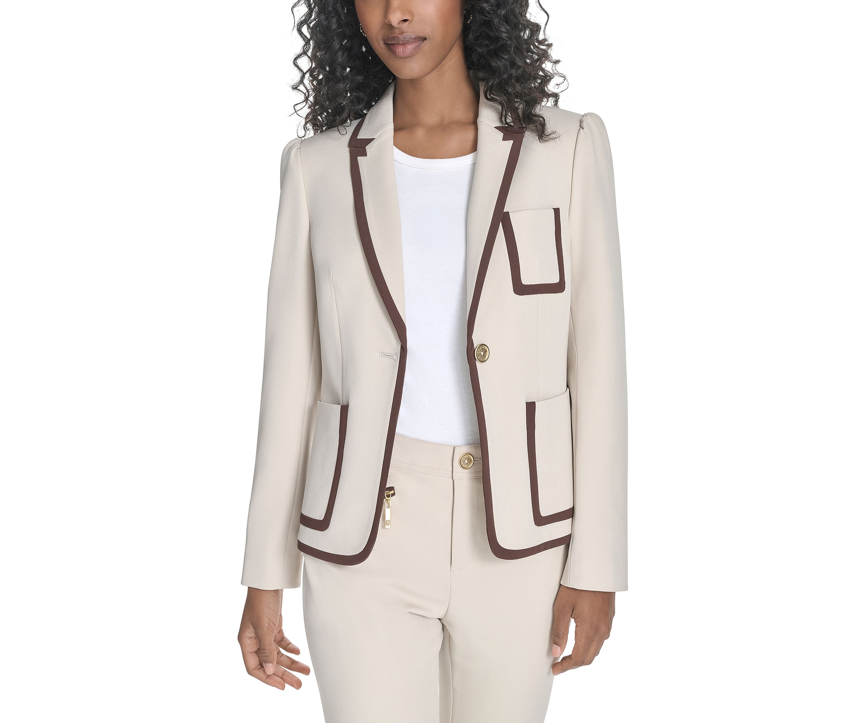 Womens Contrast Trim One Button Blazer