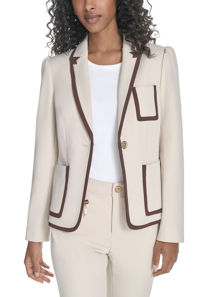 Womens Contrast Trim One Button Blazer