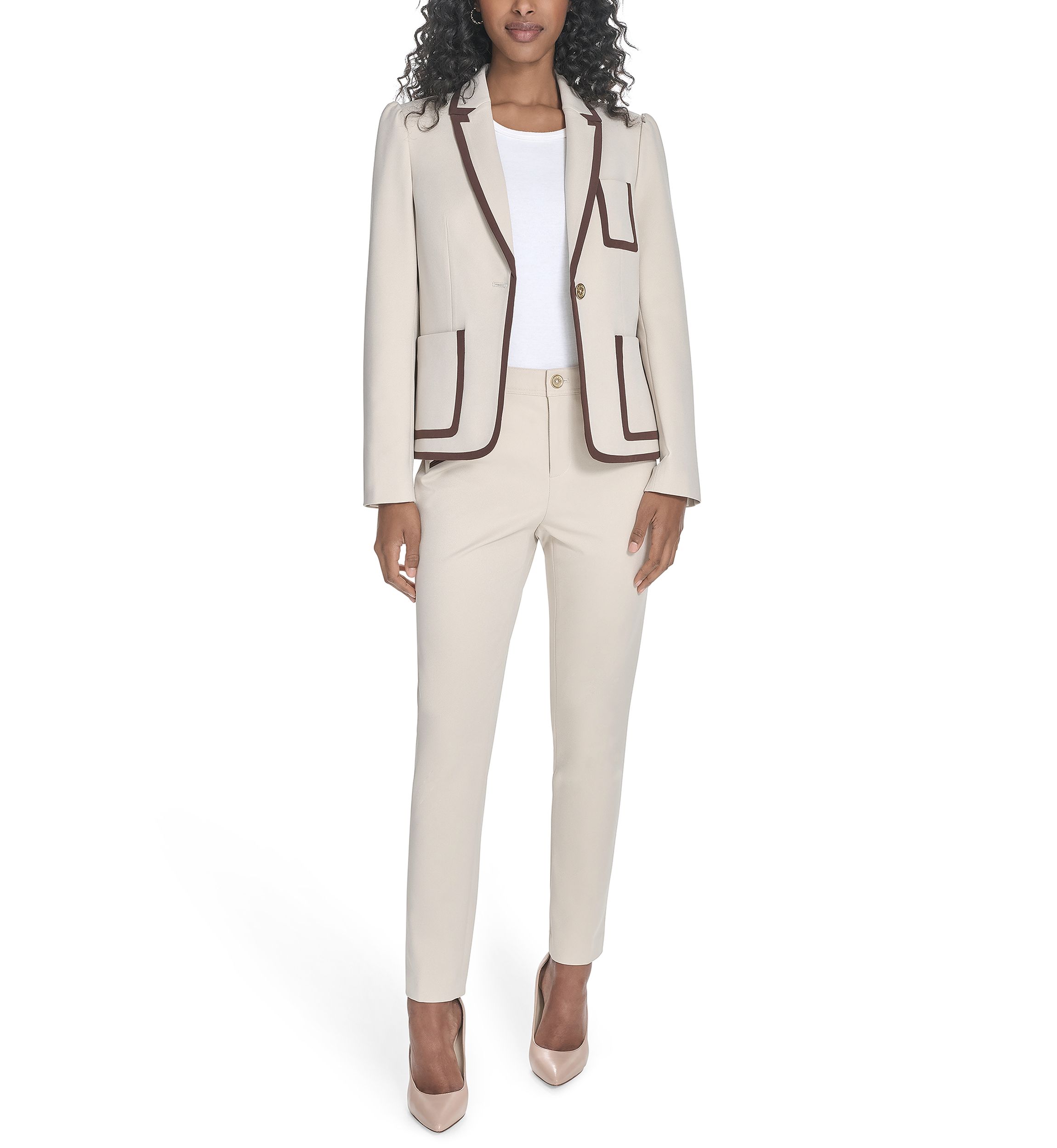Womens Contrast Trim One Button Blazer