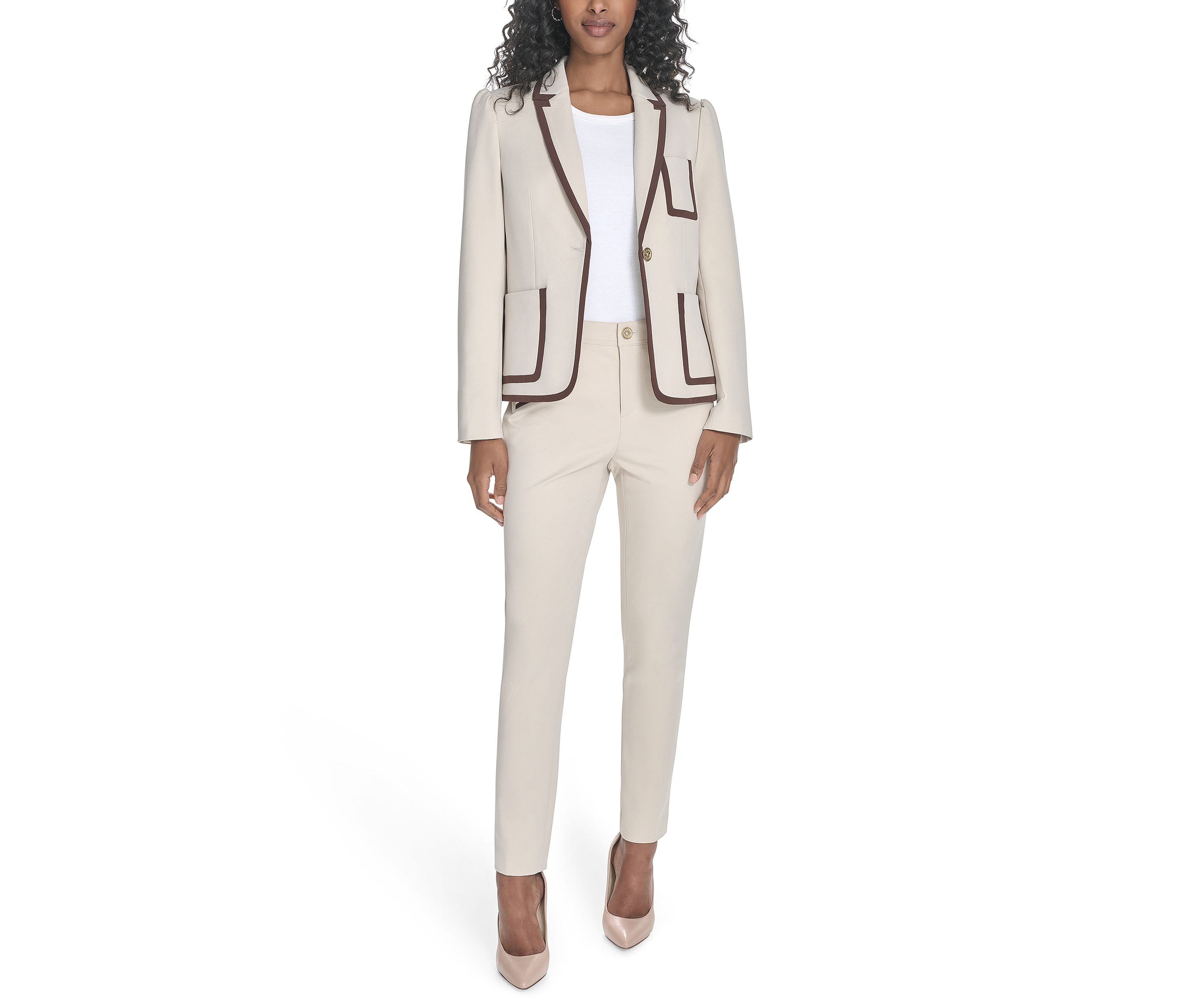 Womens Contrast Trim One Button Blazer