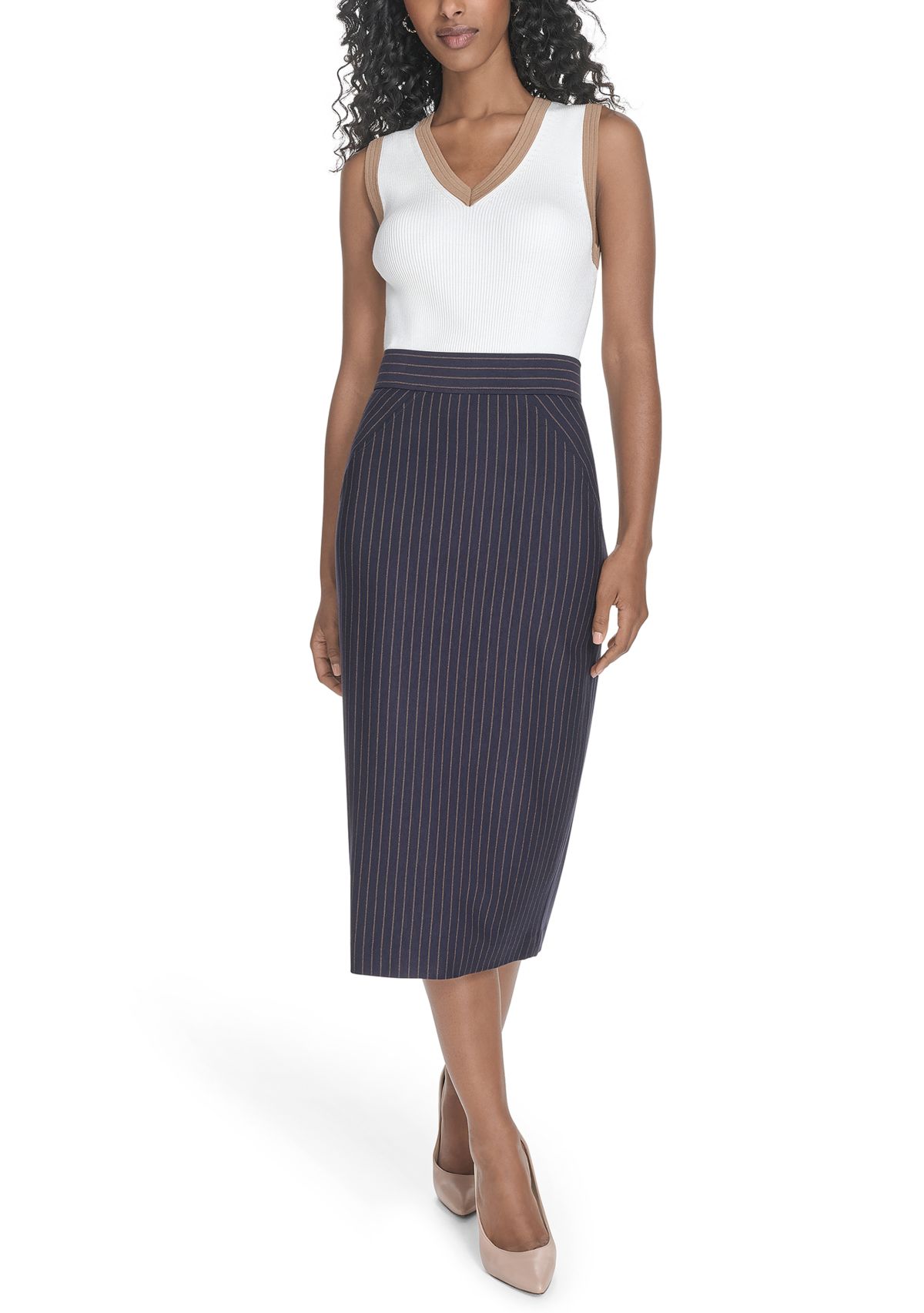 Womens Pinstripe Midi Skirt