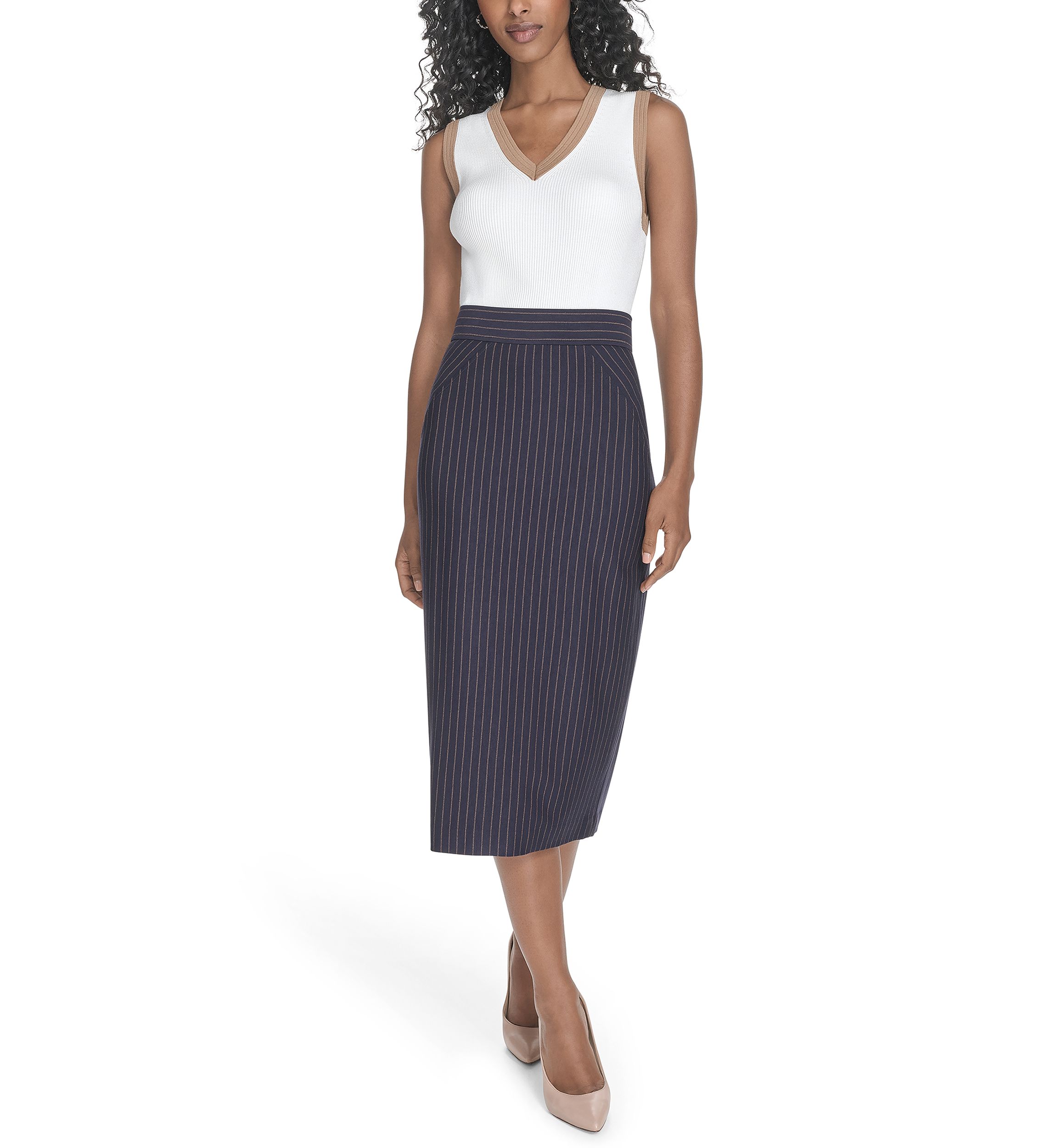 Womens Pinstripe Midi Skirt