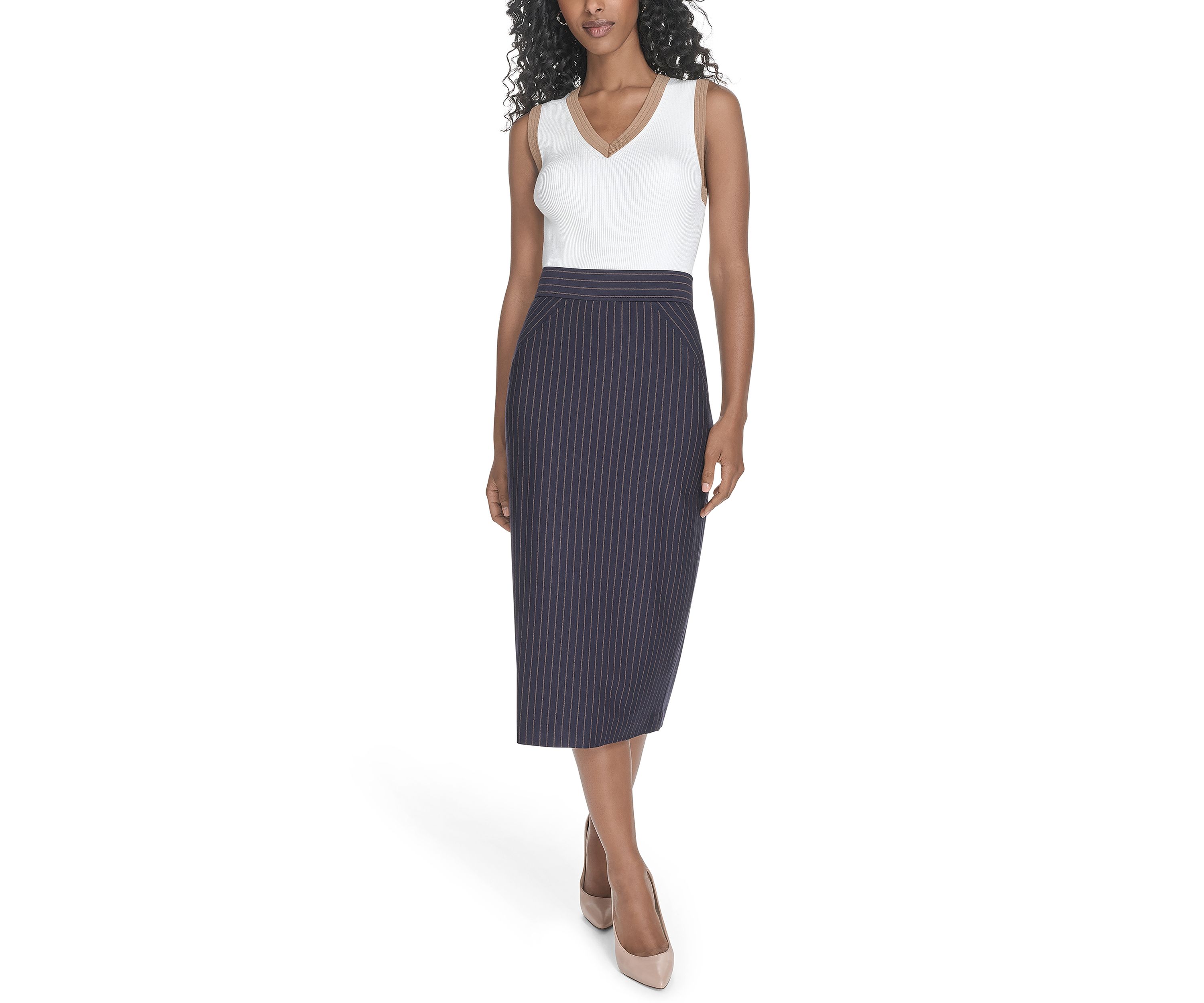 Womens Pinstripe Midi Skirt