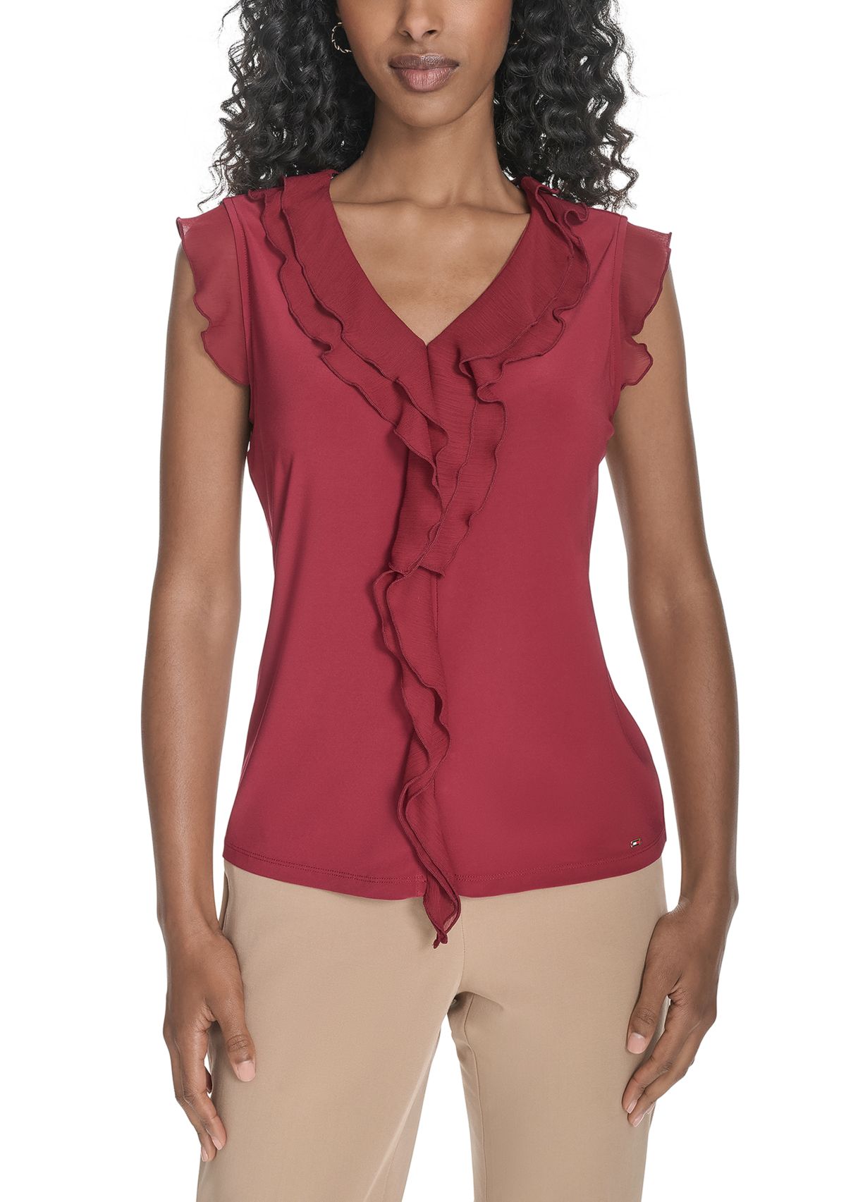 Womens Solid Mixed Media Ruffle Top
