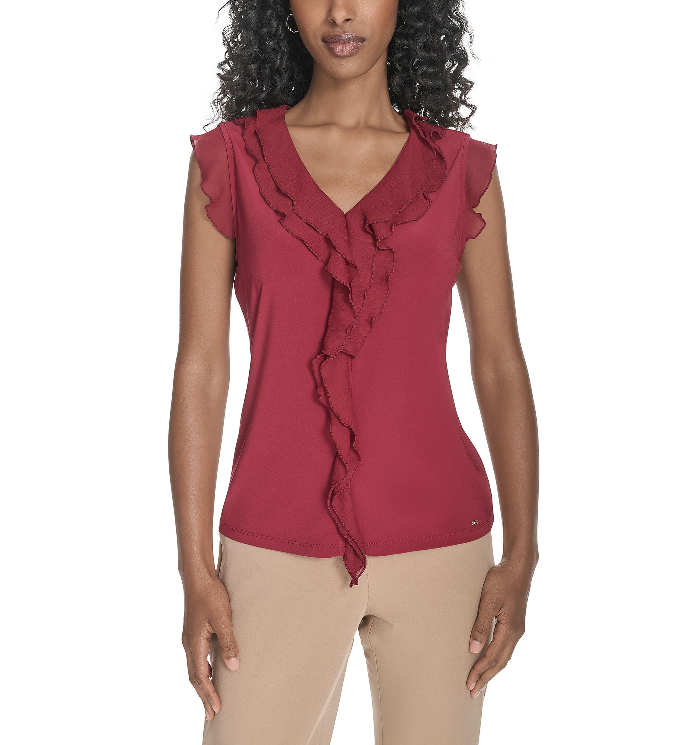 Womens Solid Mixed Media Ruffle Top