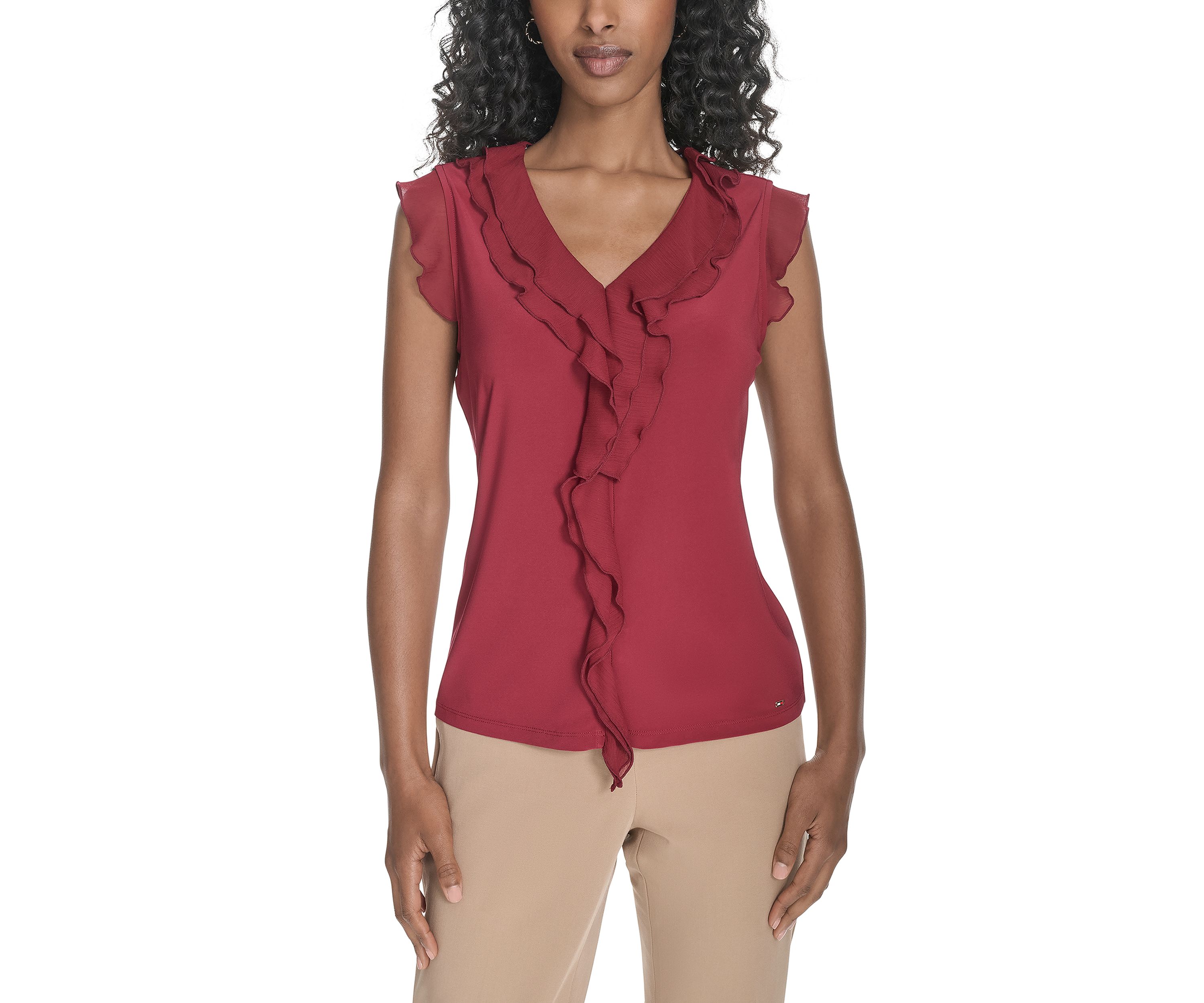 Womens Solid Mixed Media Ruffle Top