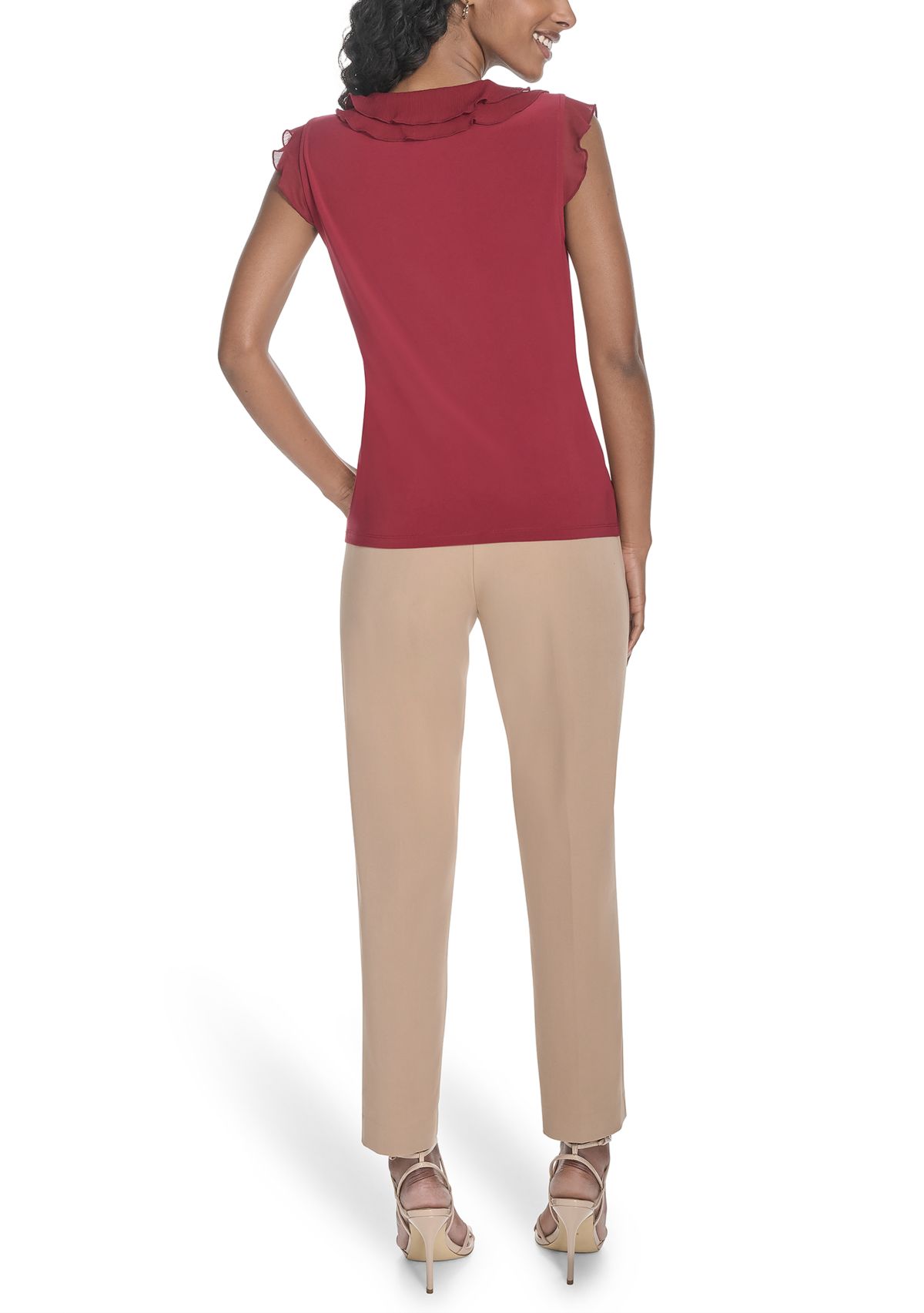 Womens Solid Mixed Media Ruffle Top