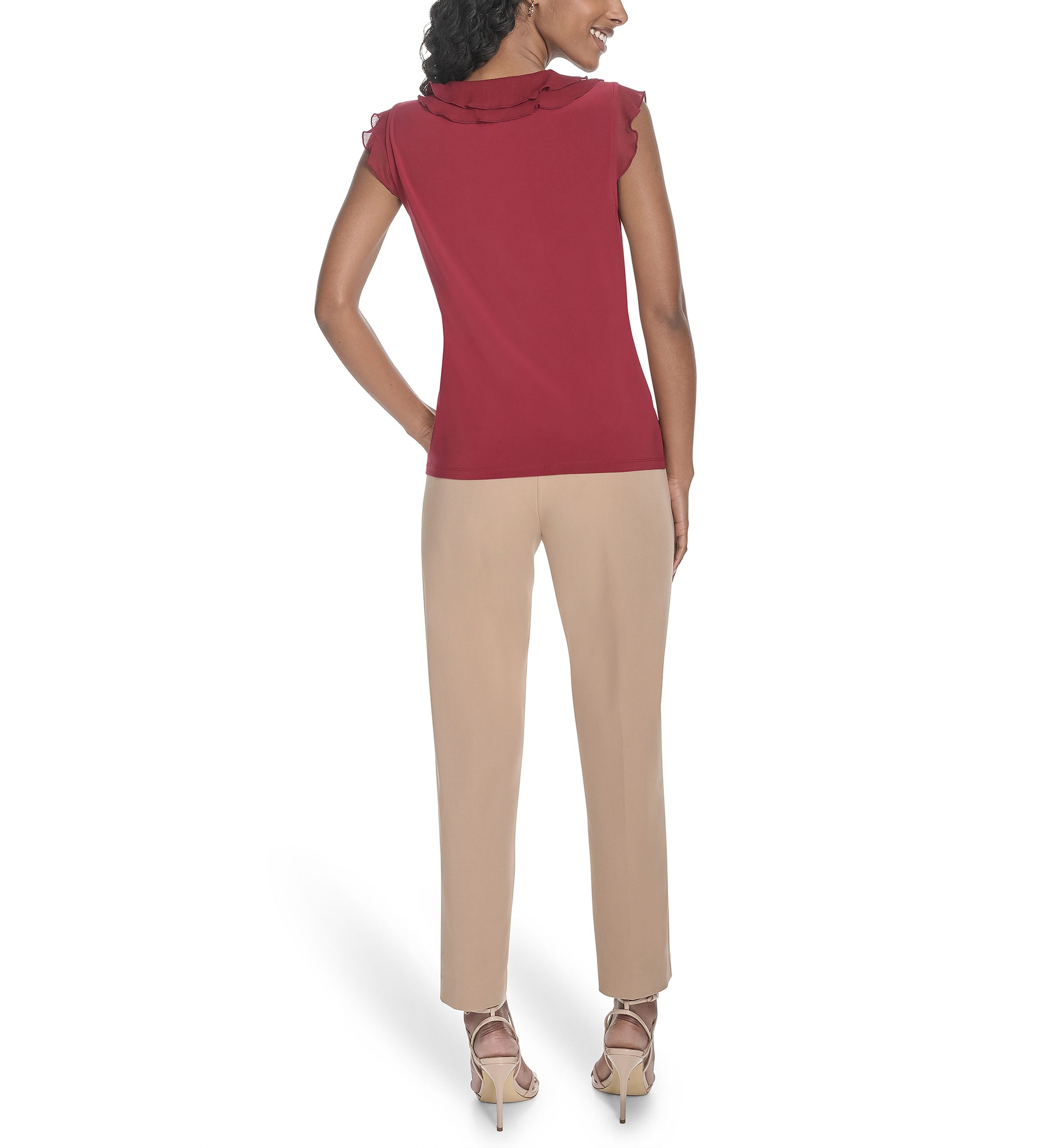 Womens Solid Mixed Media Ruffle Top